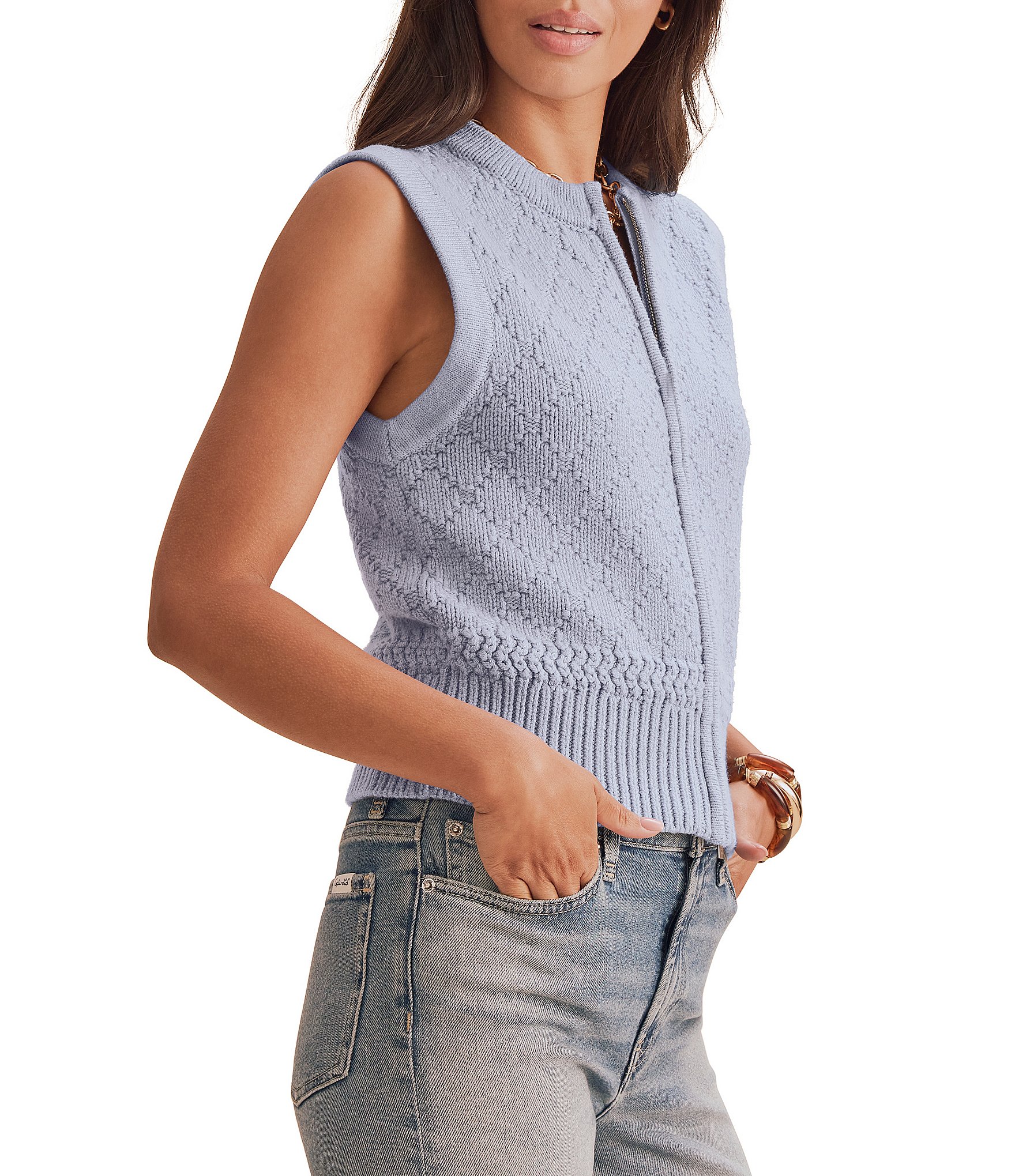 Splendid Benson Crew Neck Cap Sleeve Zip Front Sweater Vest