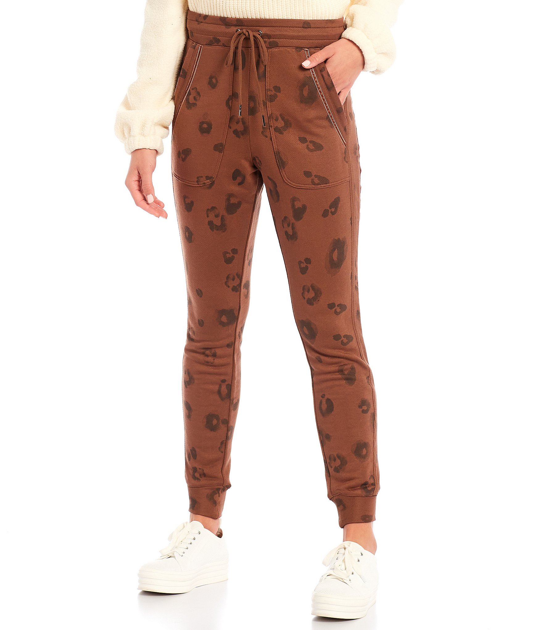 Splendid Drawstring Waist Mid Rise Leopard Print Coordinating Joggers ...