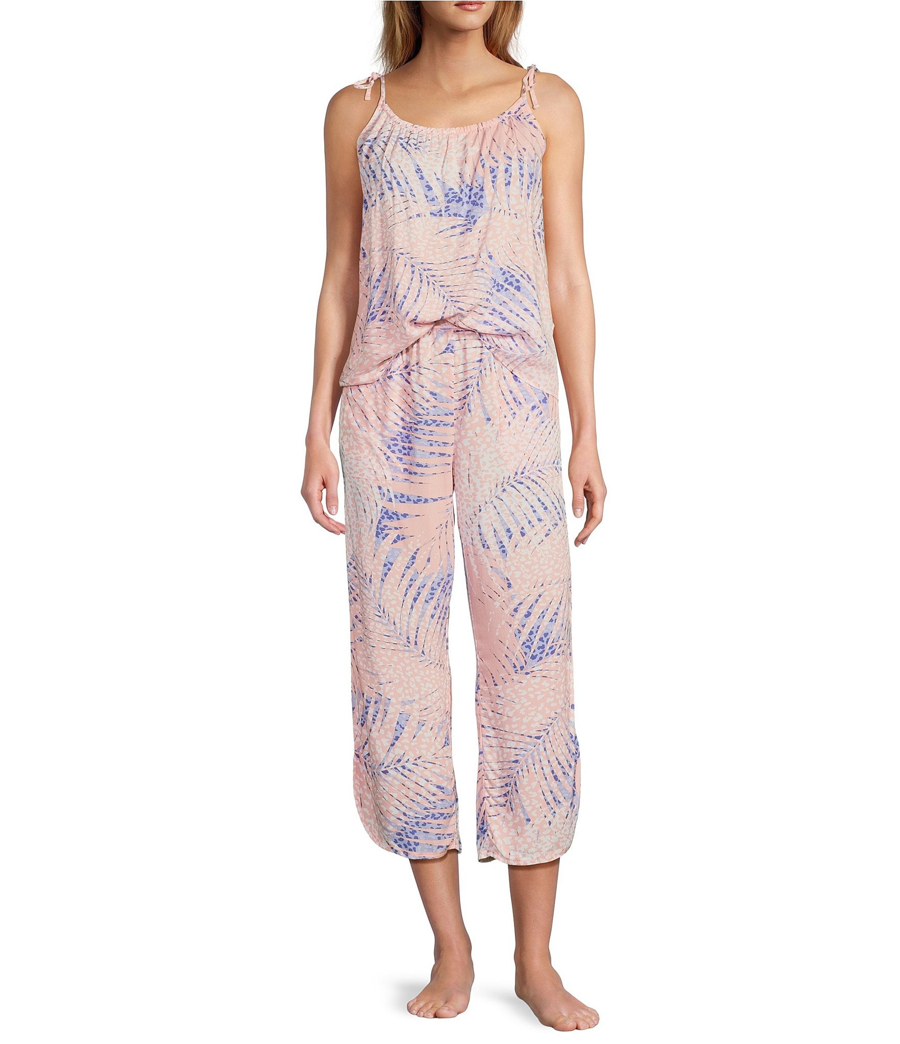 Splendid Sleeveless Scoop Neck Cami & Cropped Pant Woven Animal Palm Print Pajama Set