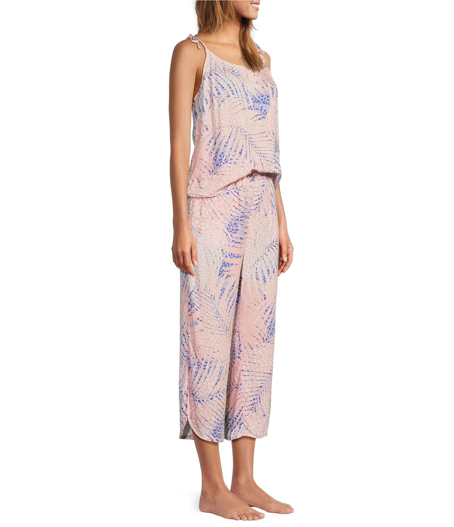 Splendid Sleeveless Scoop Neck Cami & Cropped Pant Woven Animal Palm Print Pajama Set