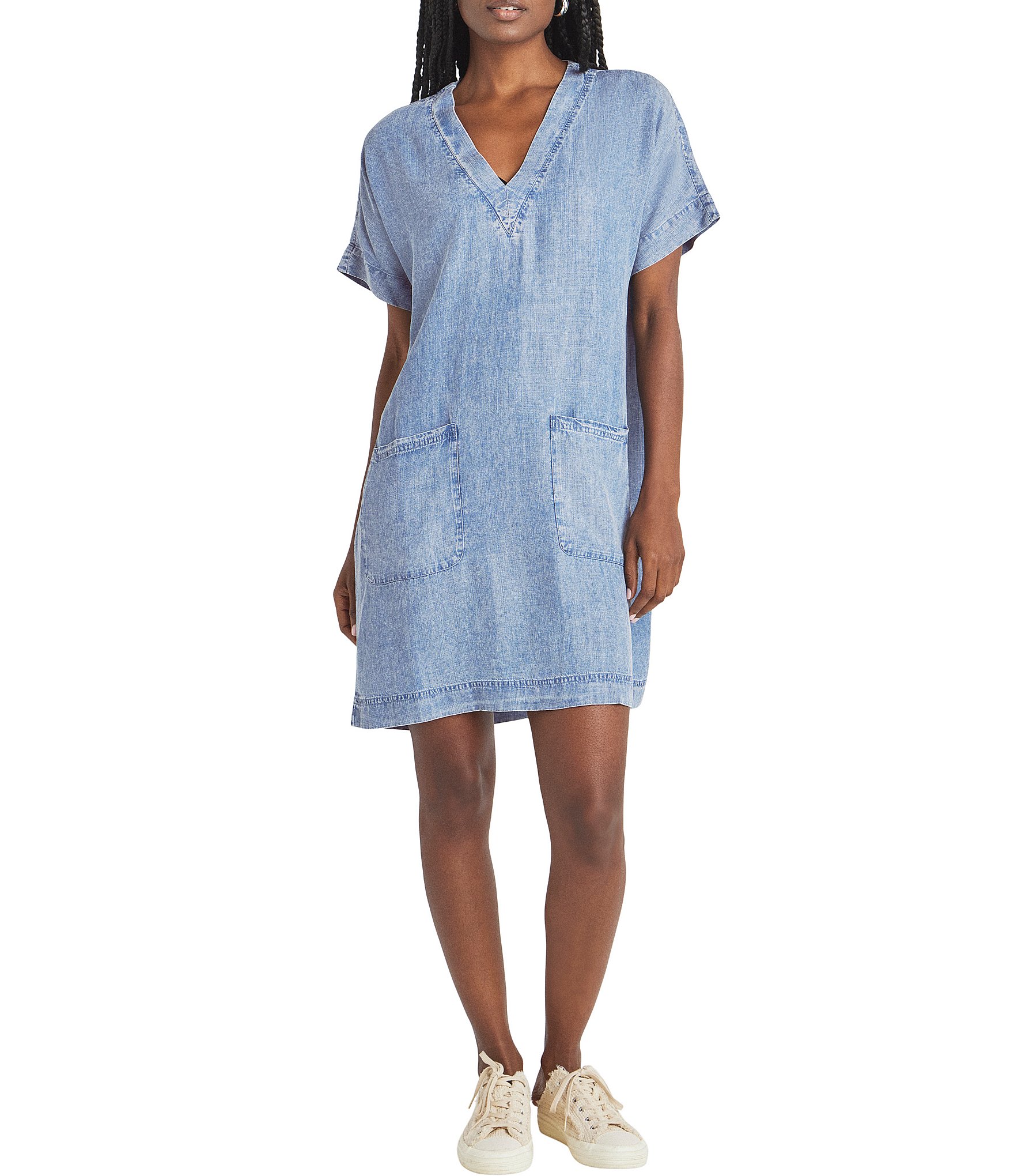 Splendid Vienna Chambray V-Neck Short Sleeve Patch Pocket Dress | Dillard's