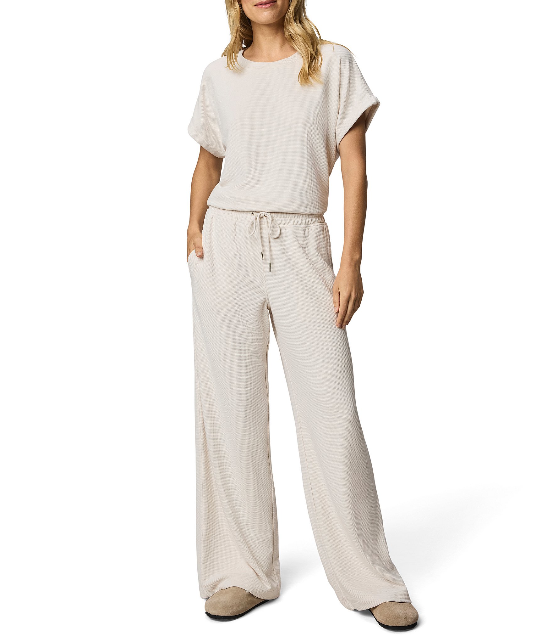 Splendid Waffle Knit Coordinating Wide Leg Elastic Waist Drawstring Pants