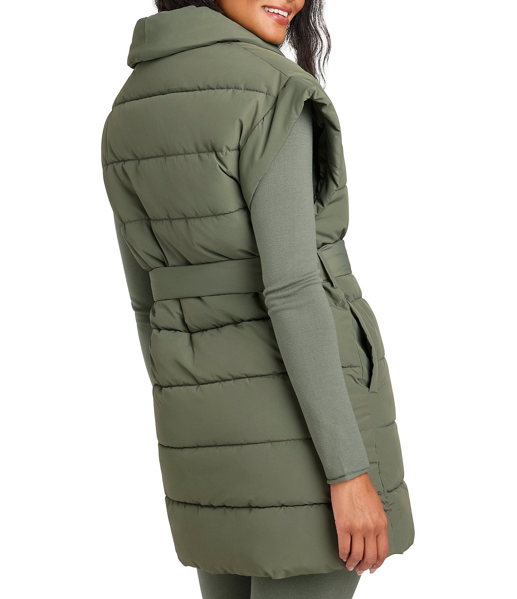 Splendid x Cella Jane Blog Woven V-Neck Sleeveless Tie Waist Long Puffer Vest