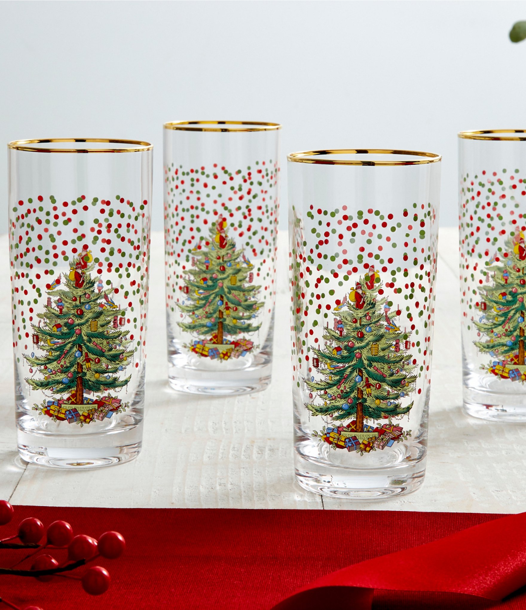 Spode Christmas Tree Polka Dot High Ball Glasses, Set of 4