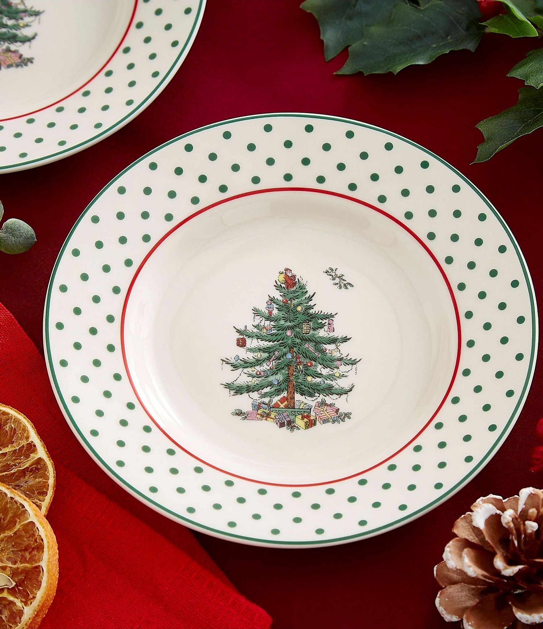 Spode Christmas Tree Polka Dot Tidbit Plates, Set of 4