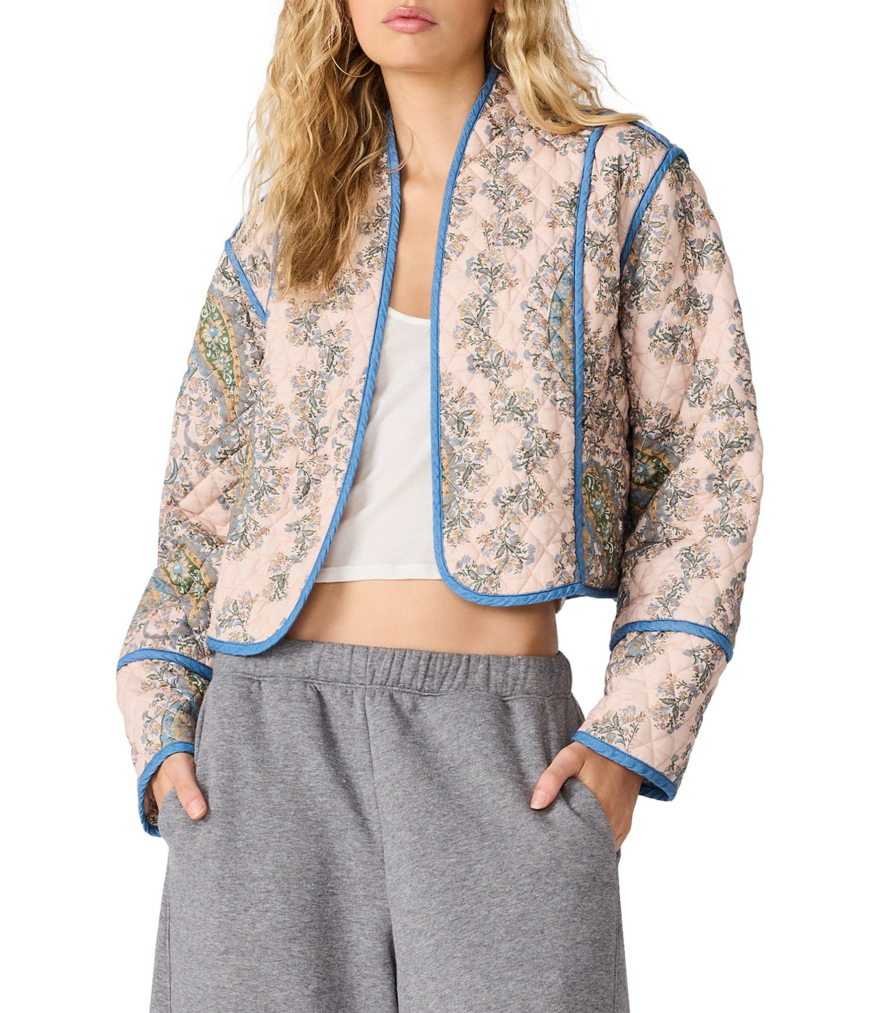 Steve Madden Adalynn Paisley Printed V-Neck Long Sleeve Quilted Jacket