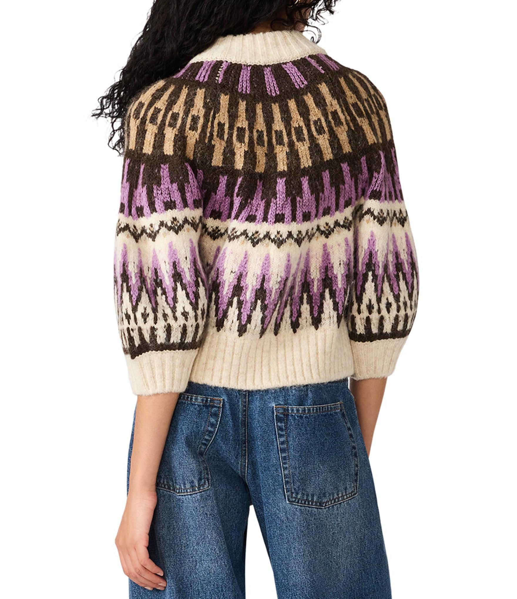 Steve Madden Adley Fair Isle Mock Neck Puff Sleeve Zip Front Sweater