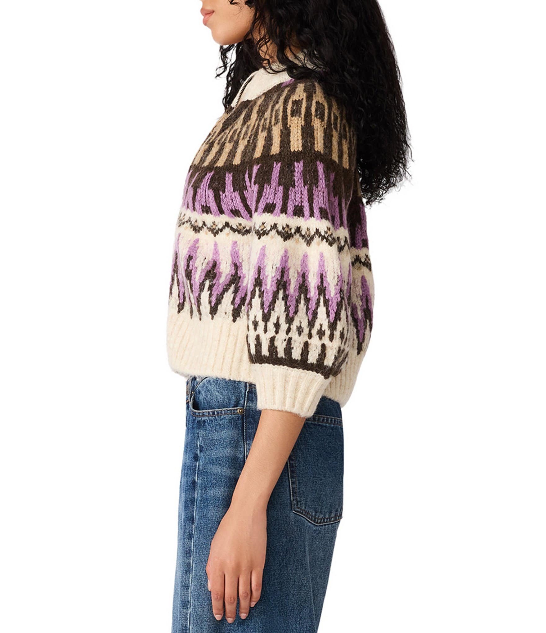 Steve Madden Adley Fair Isle Mock Neck Puff Sleeve Zip Front Sweater