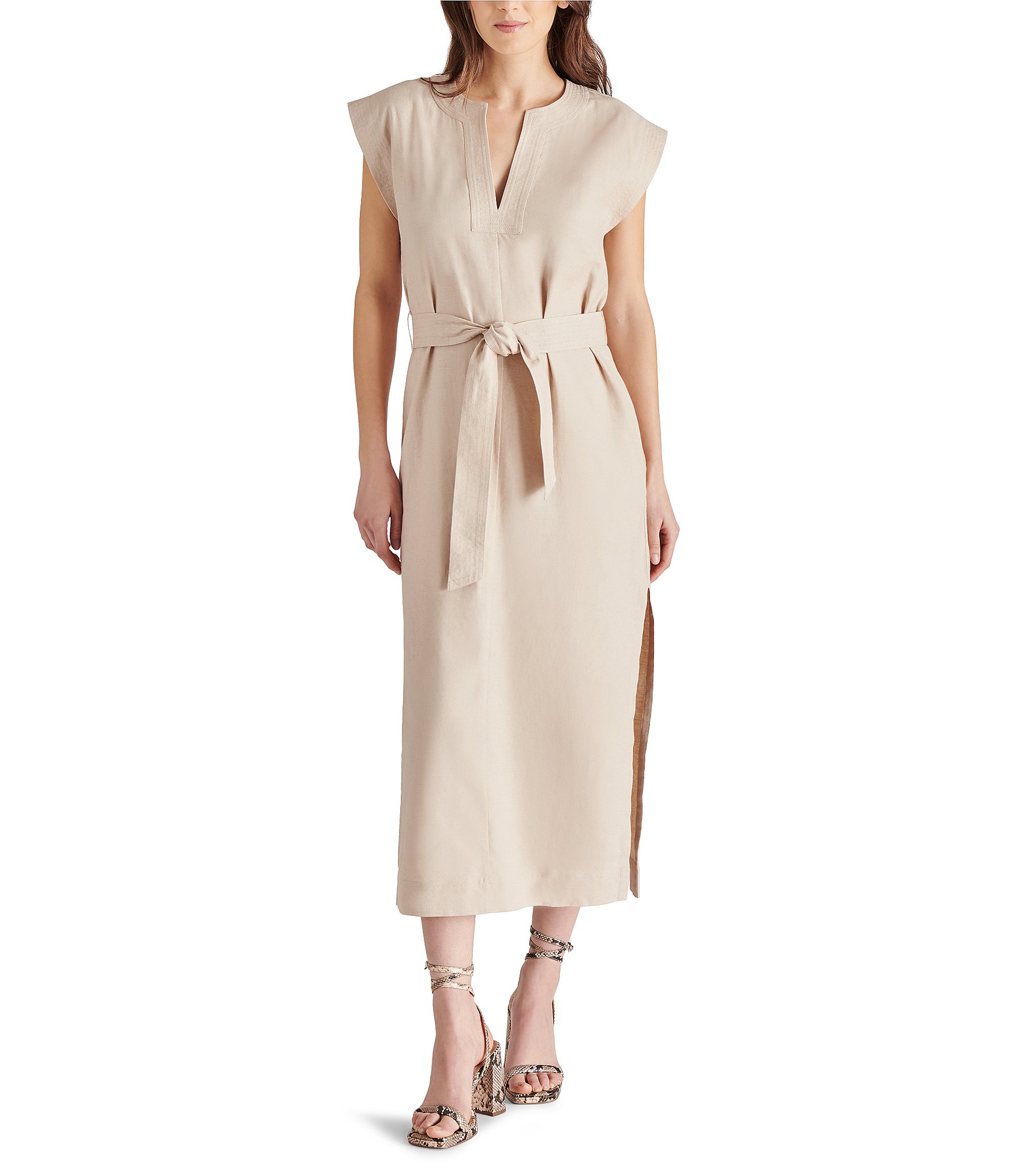 Steve Madden Aeris Split V Neck Cap Sleeve Front Tie Midi Dress | Dillard's