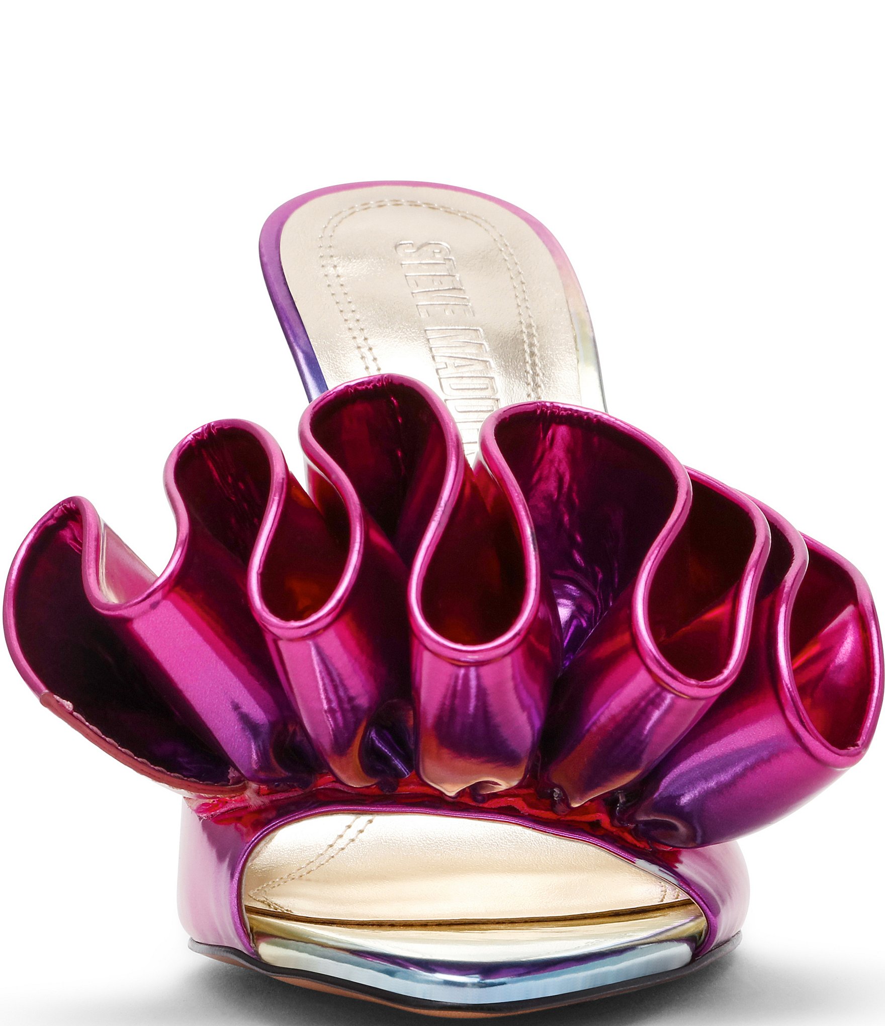 Steve Madden Affinity Metallic Ombre Patent Ruffle Detail Dress Slide Sandals