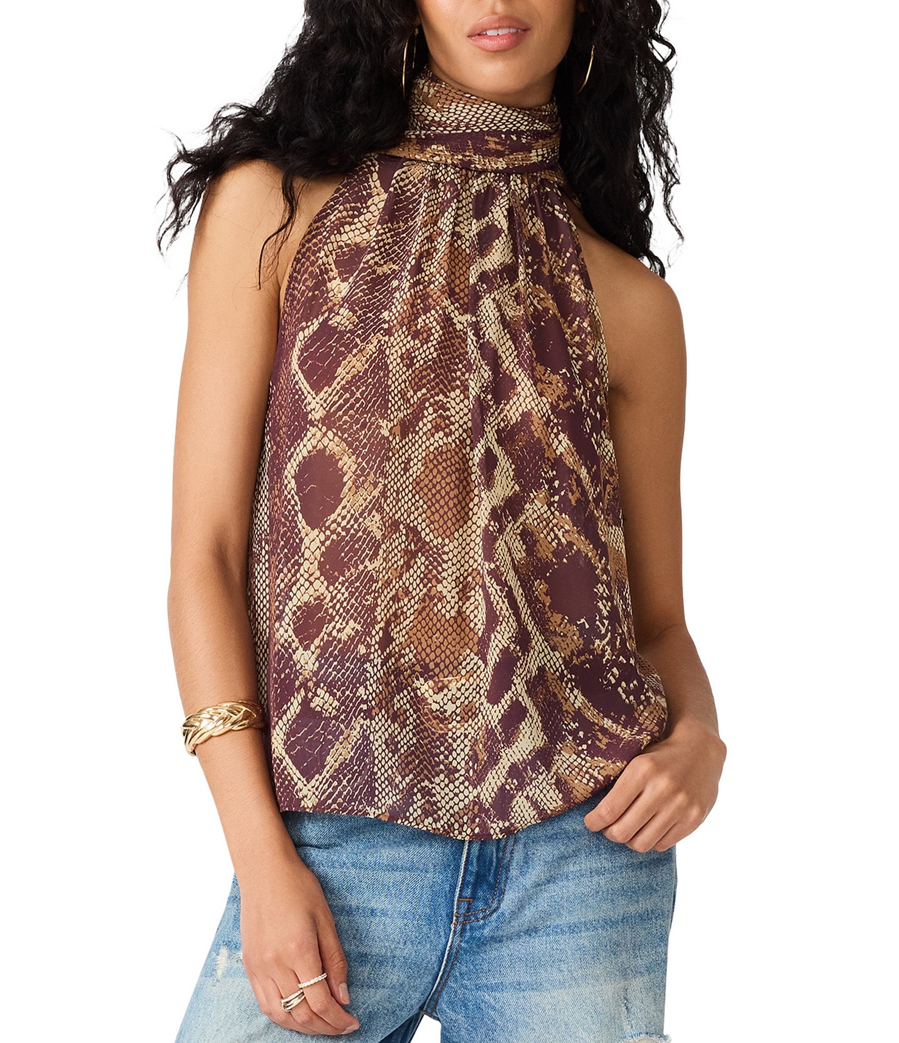 Steve Madden Alexane Snake Print High Neck Sleeveless Chiffon Top
