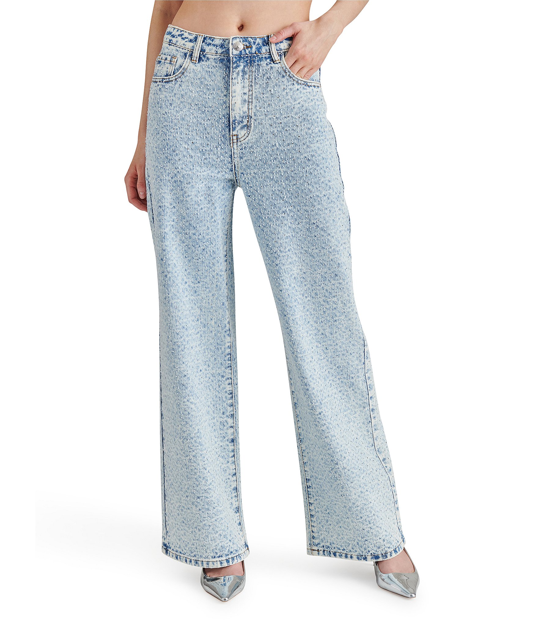 Steve Madden Avaline Denim Rhinestone High Rise Wide Leg Jeans