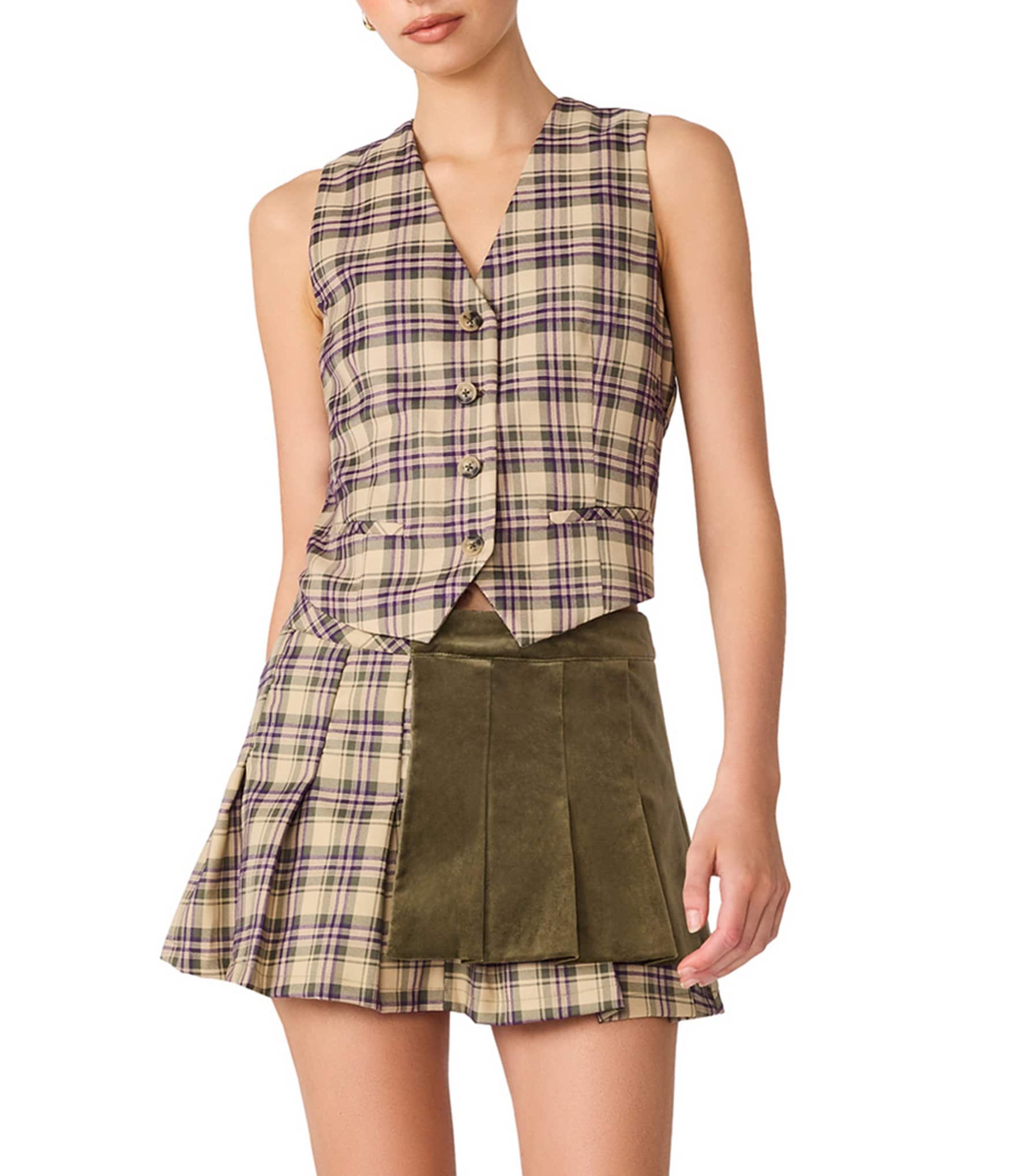 Steve Madden Barret Plaid Mixed Media V-Neck Sleeveless Button Front Vest