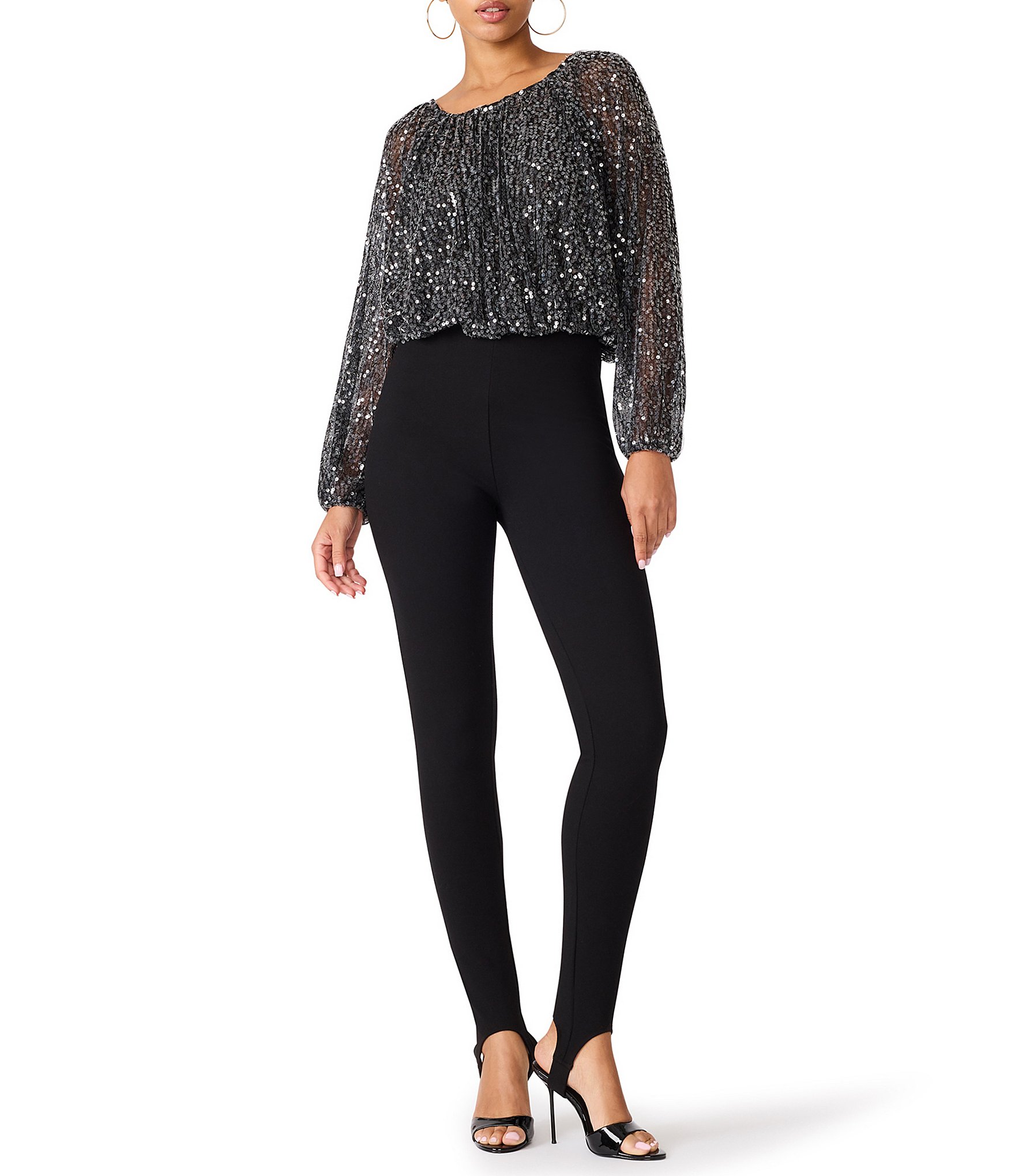 Steve Madden Beverlie Scoop Neck Long Bubble Sleeve Sequin Mesh Top