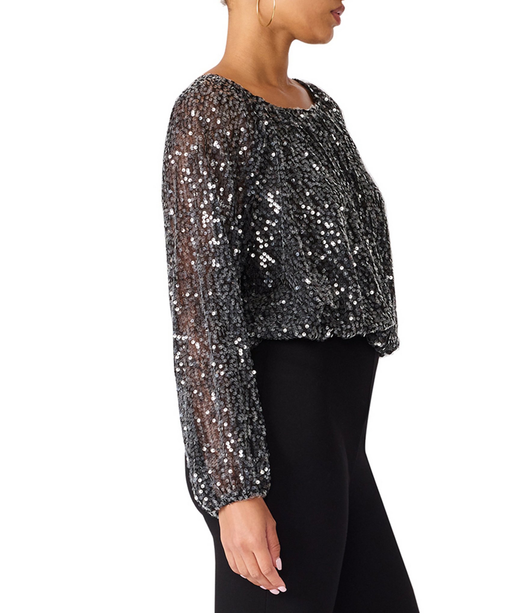 Steve Madden Beverlie Scoop Neck Long Bubble Sleeve Sequin Mesh Top