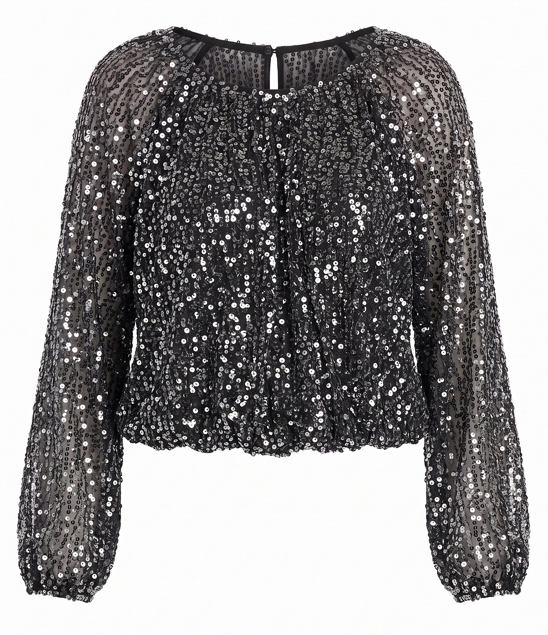 Steve Madden Beverlie Scoop Neck Long Bubble Sleeve Sequin Mesh Top