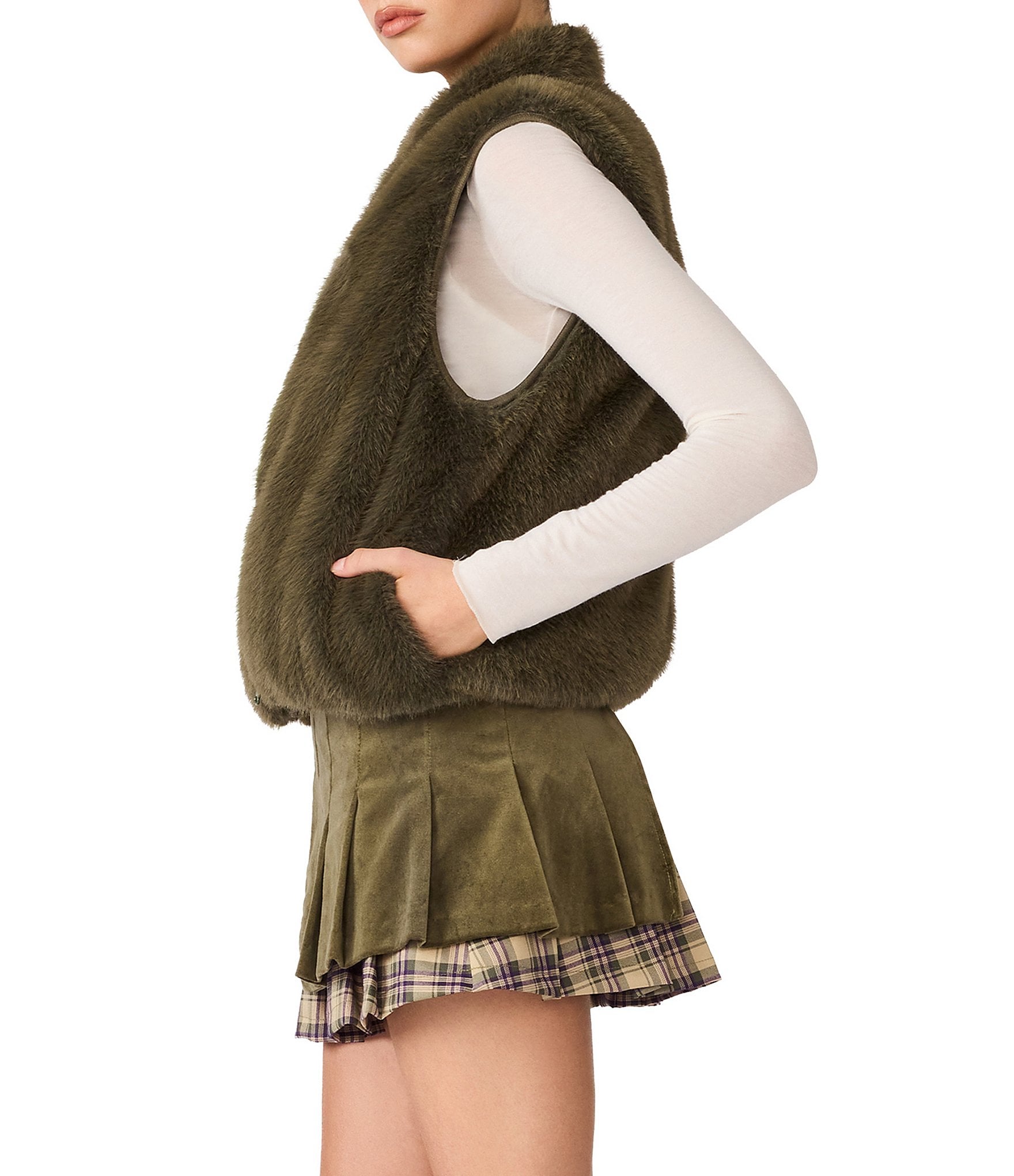 Steve Madden Brady Faux Fur Reversible Collared Sleeveless Puffer Vest