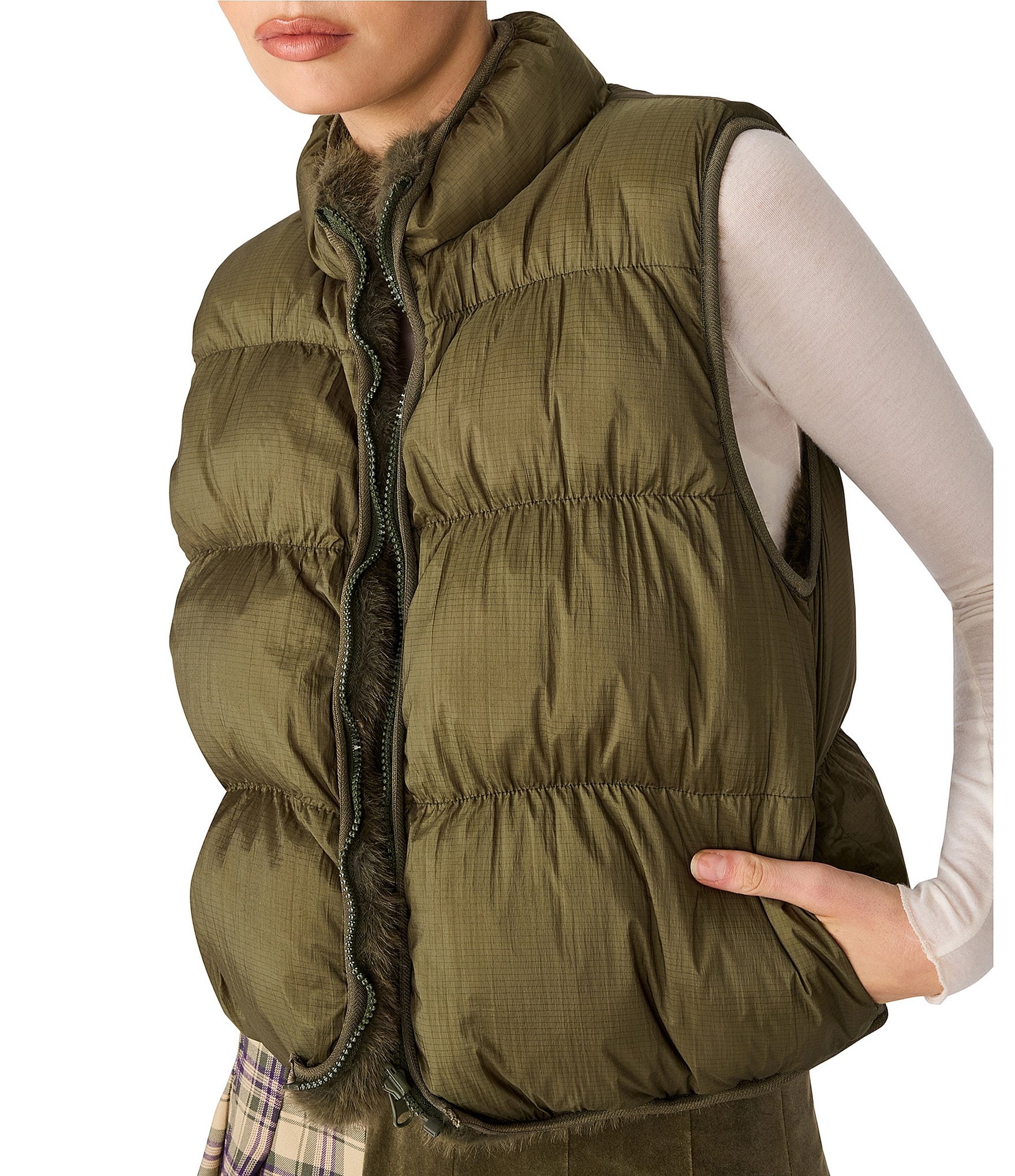 Steve Madden Brady Faux Fur Reversible Collared Sleeveless Puffer Vest