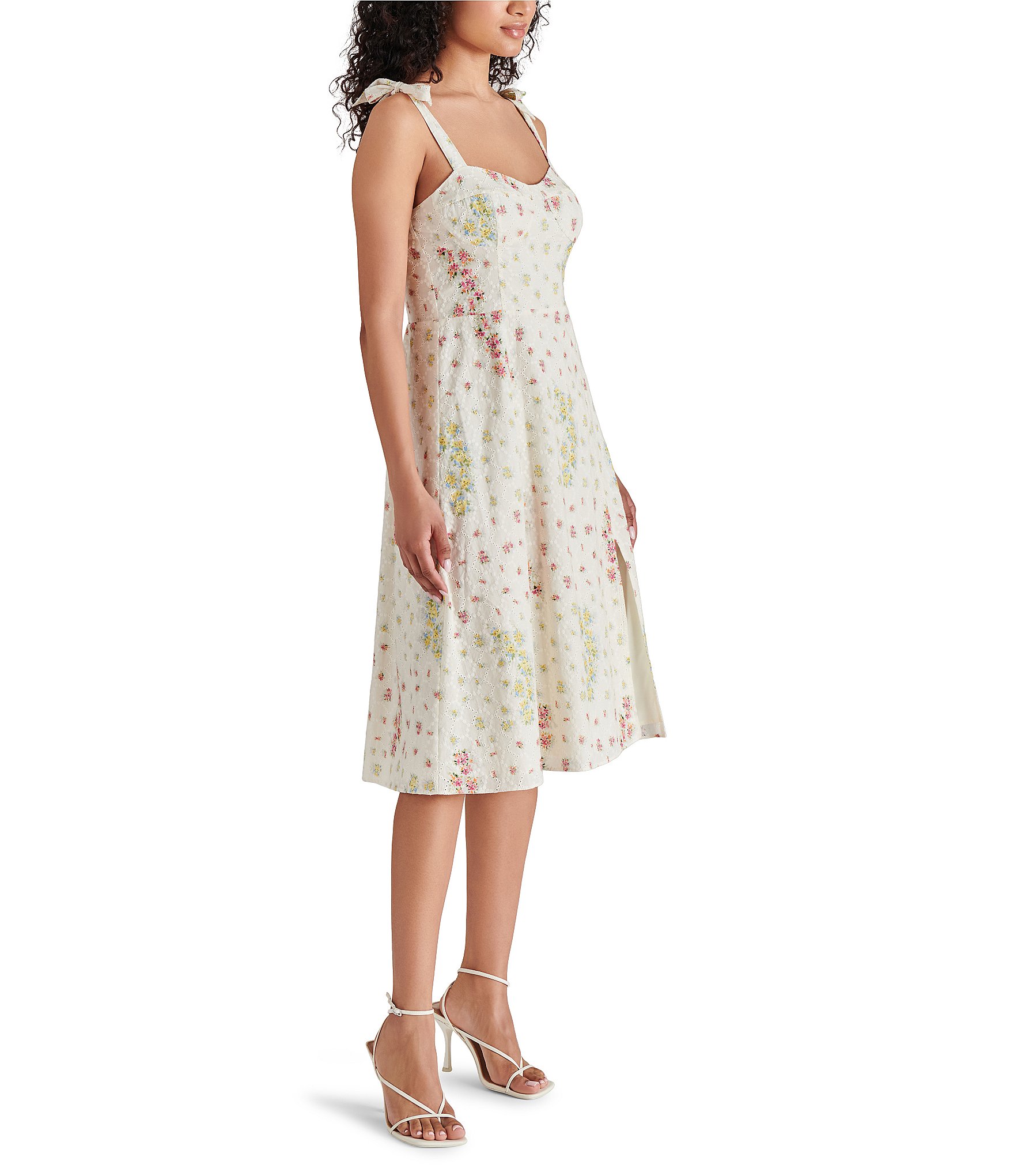 Steve Madden Carlynn Floral Print Eyelet Sweetheart Neck Sleeveless Tie Strap Midi Dress