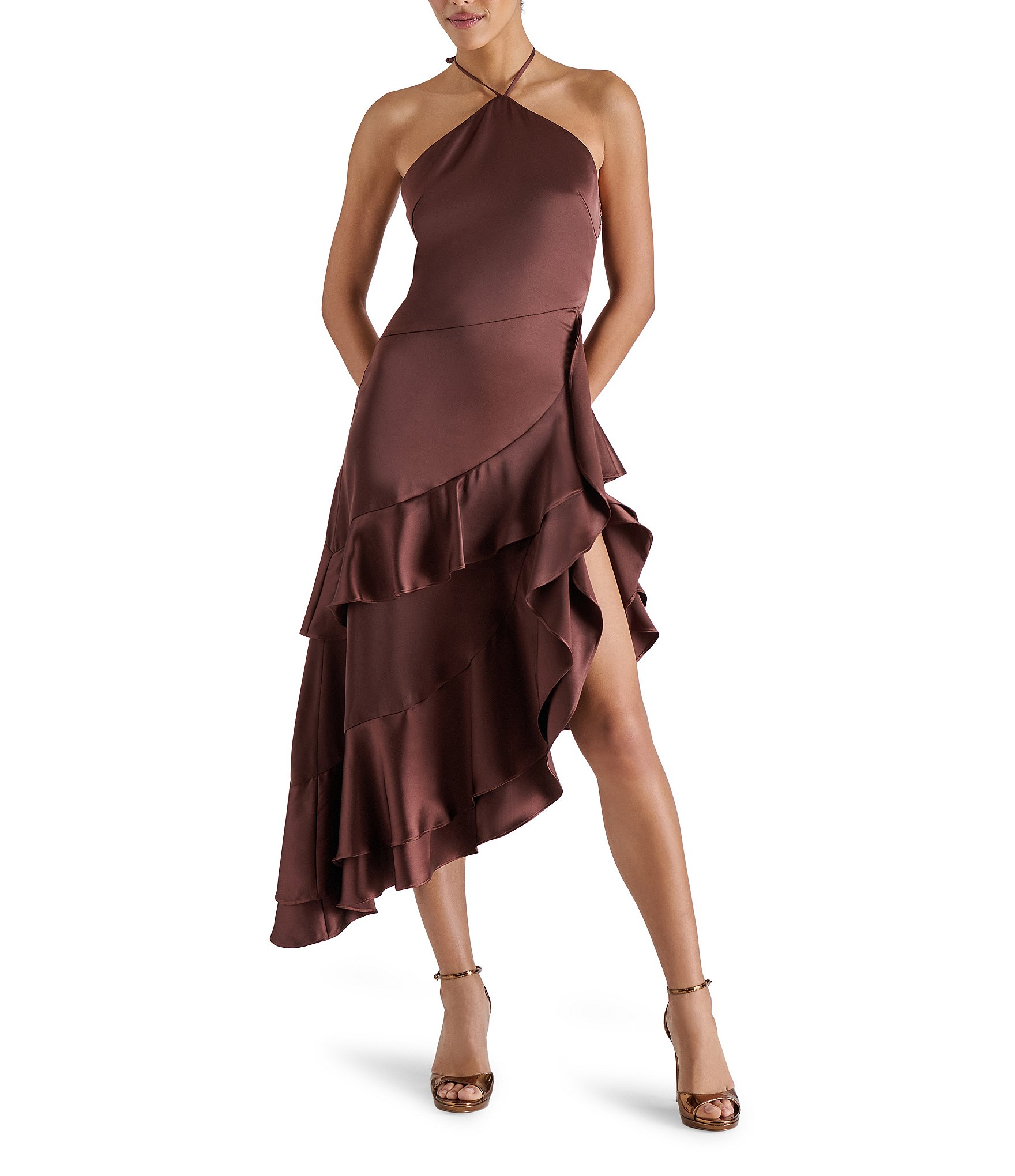 Steve Madden Caspia Solid Satin Halter Neck Asymmetrical Ruffle Midi Dress