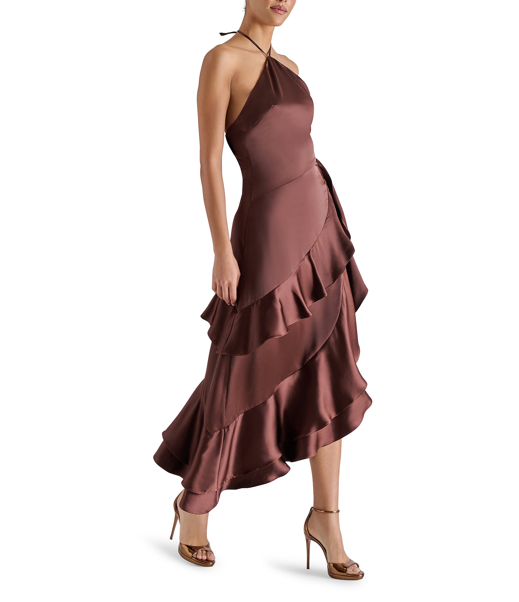 Steve Madden Caspia Solid Satin Halter Neck Asymmetrical Ruffle Midi Dress