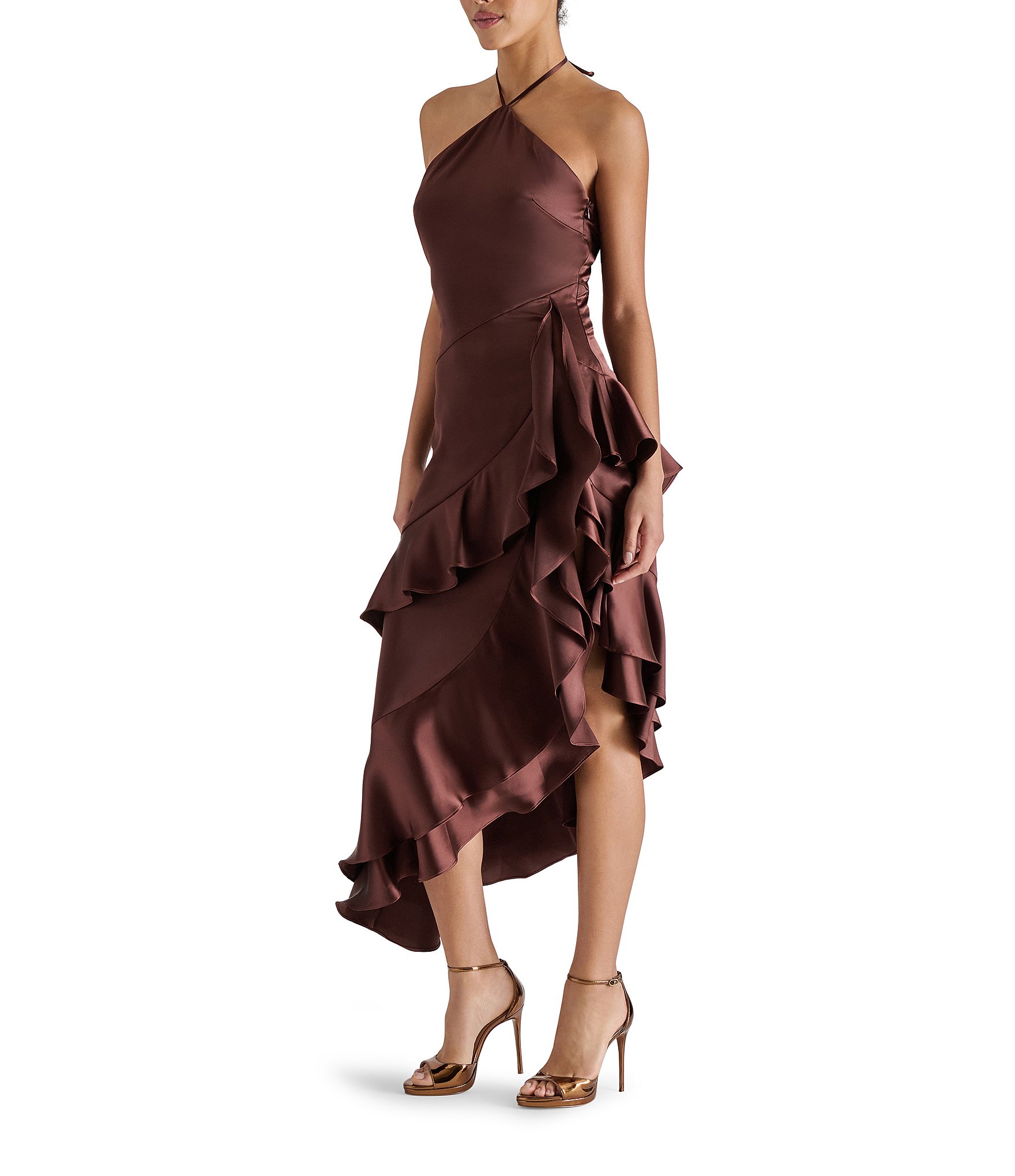 Steve Madden Caspia Solid Satin Halter Neck Asymmetrical Ruffle Midi Dress