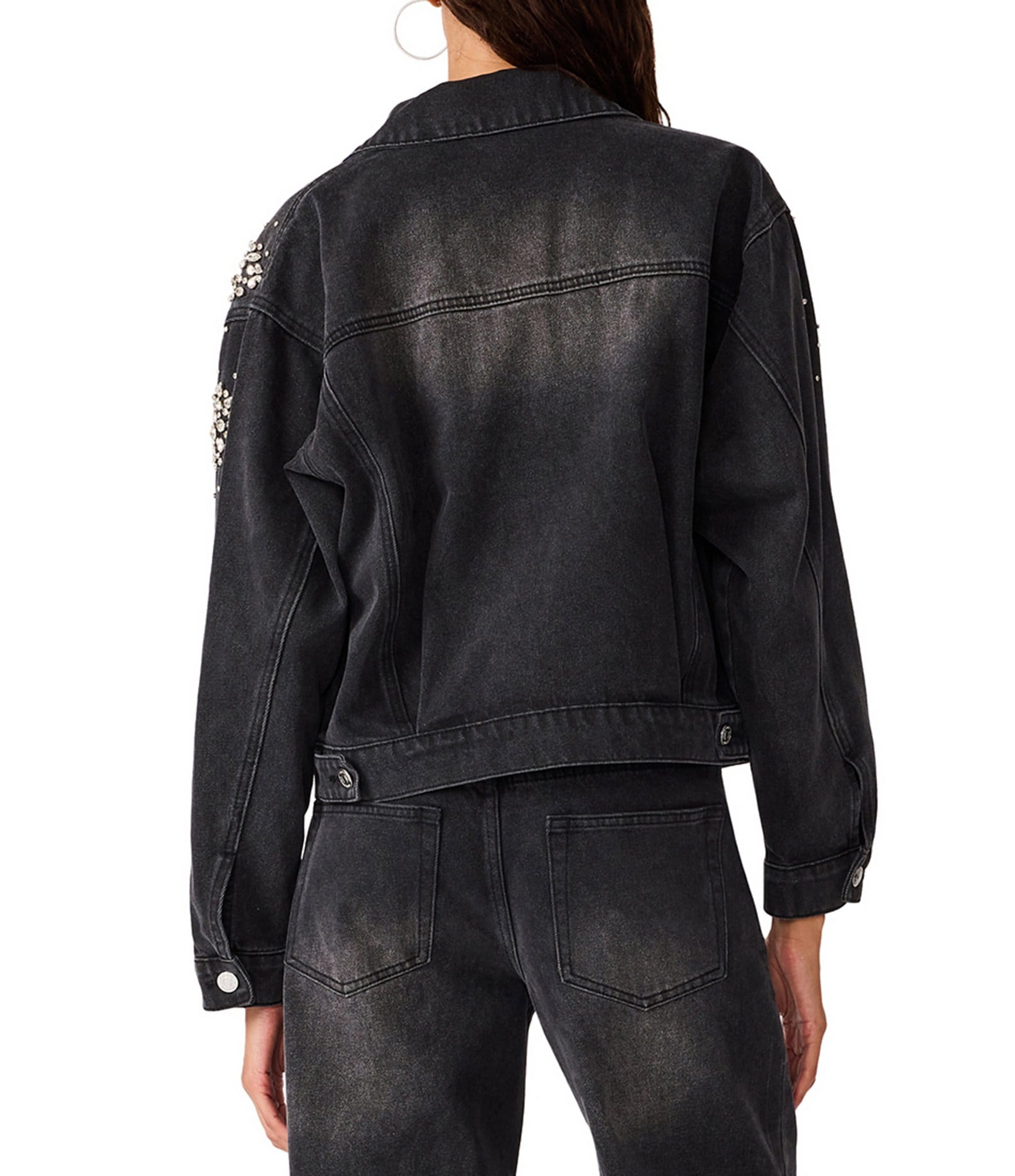 Steve Madden Clarke Denim Embellished Collared Long Sleeve Button Front Trucker Coordinating Jacket