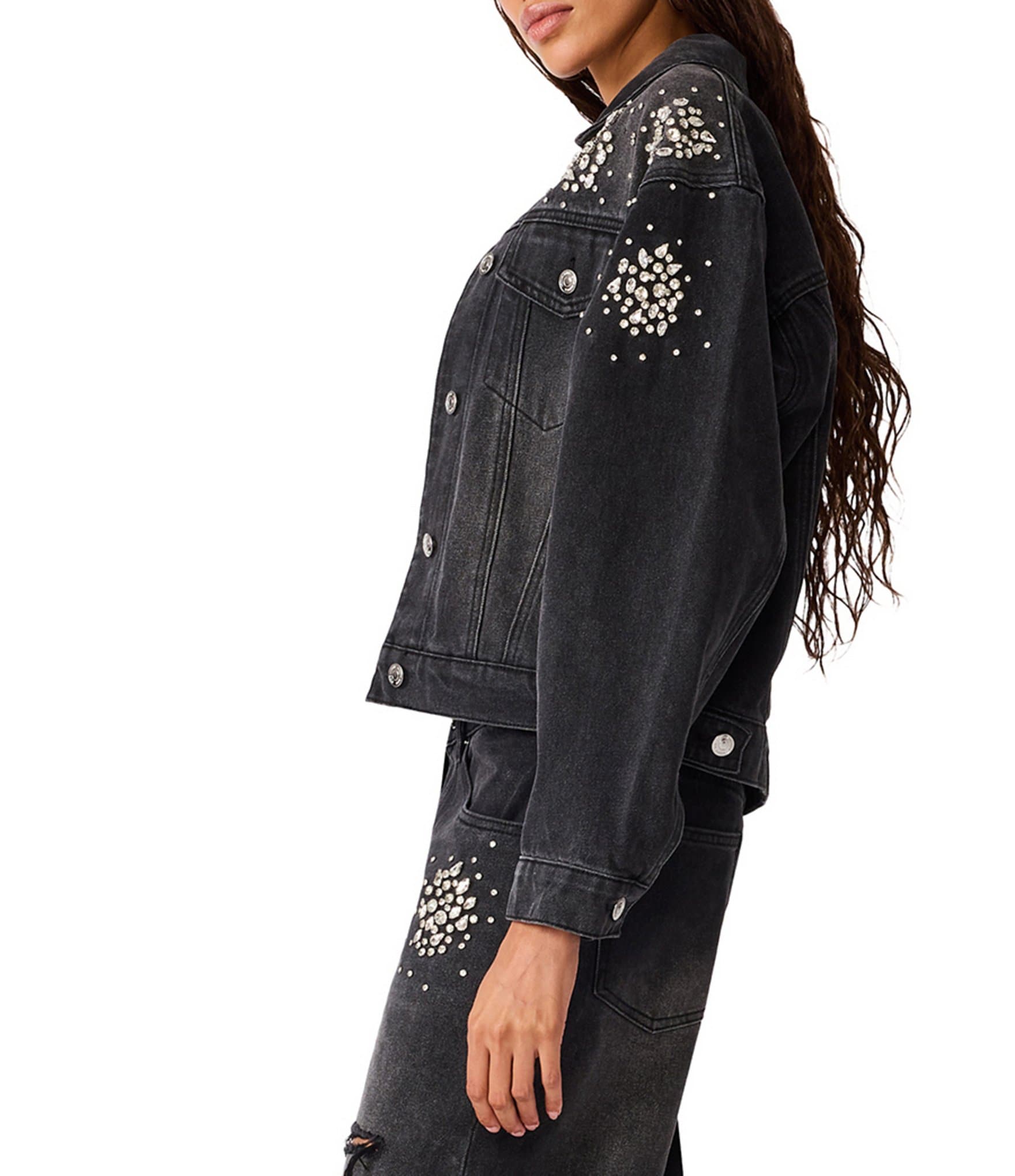 Steve Madden Clarke Denim Embellished Collared Long Sleeve Button Front Trucker Coordinating Jacket