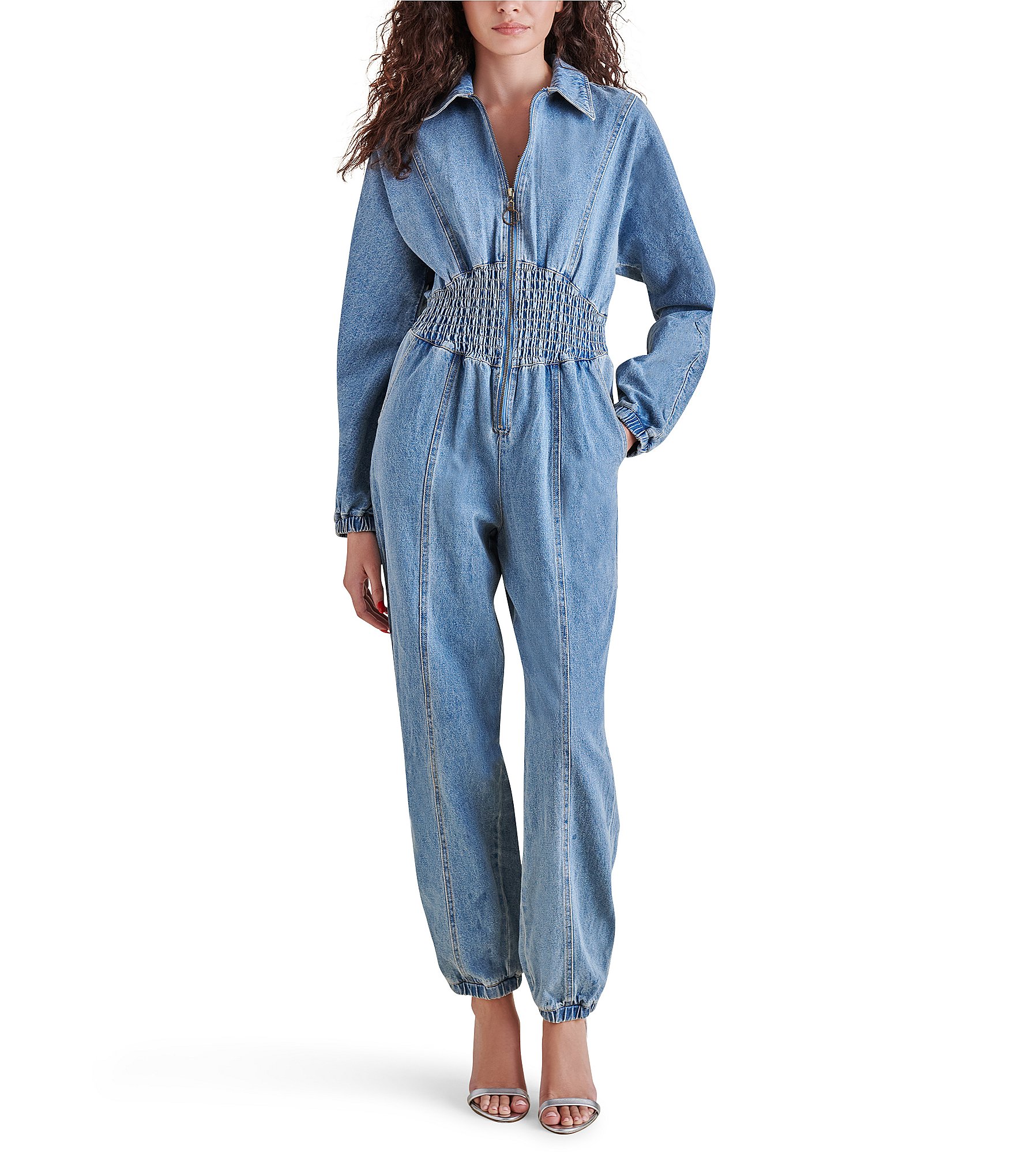 Free People Edison Denim Button Front Wide Leg Cinched Waist Coverall  Jumpsuit