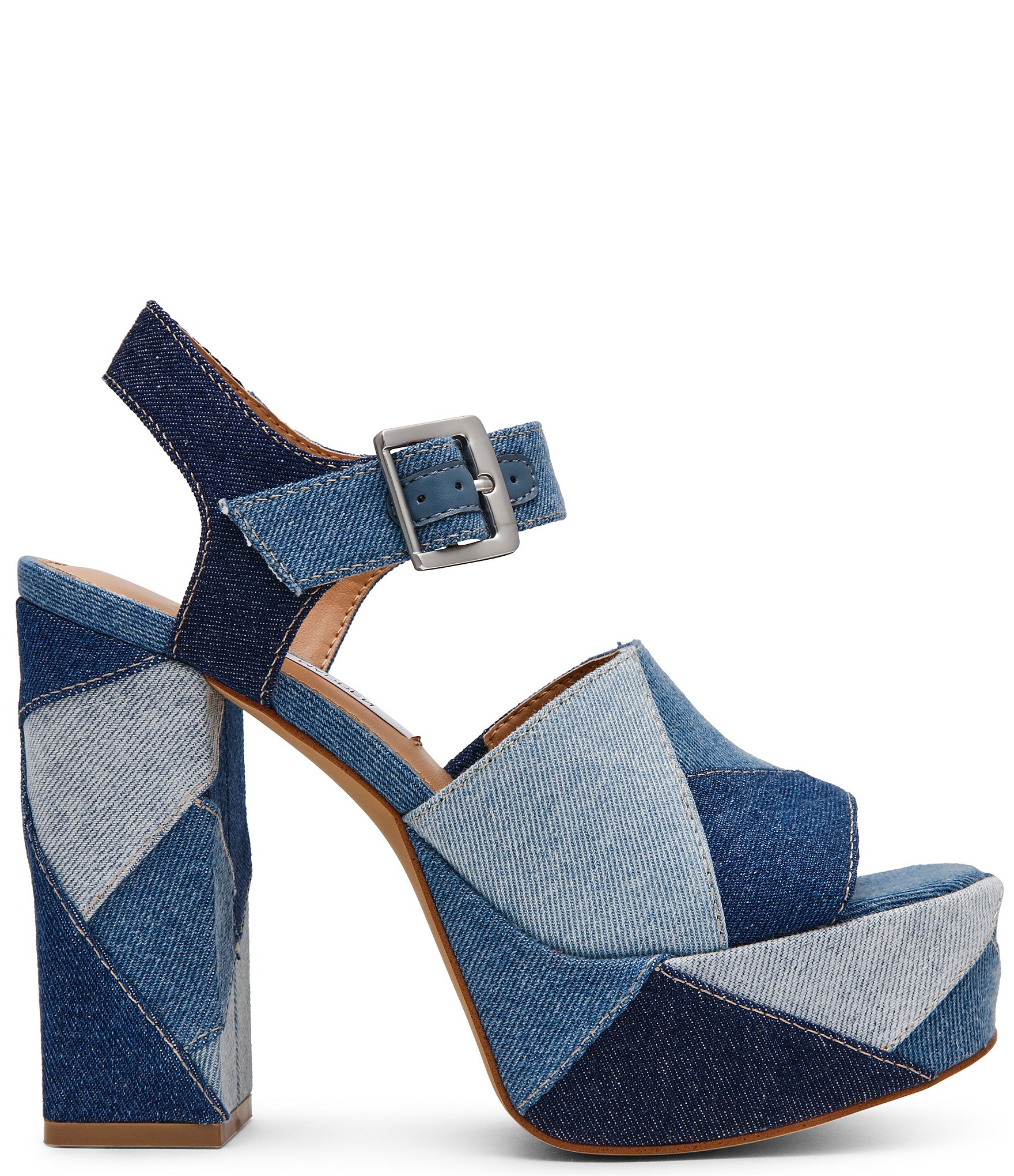 Steve Madden Halea Denim Patchwork Block Heel Platform Sandals