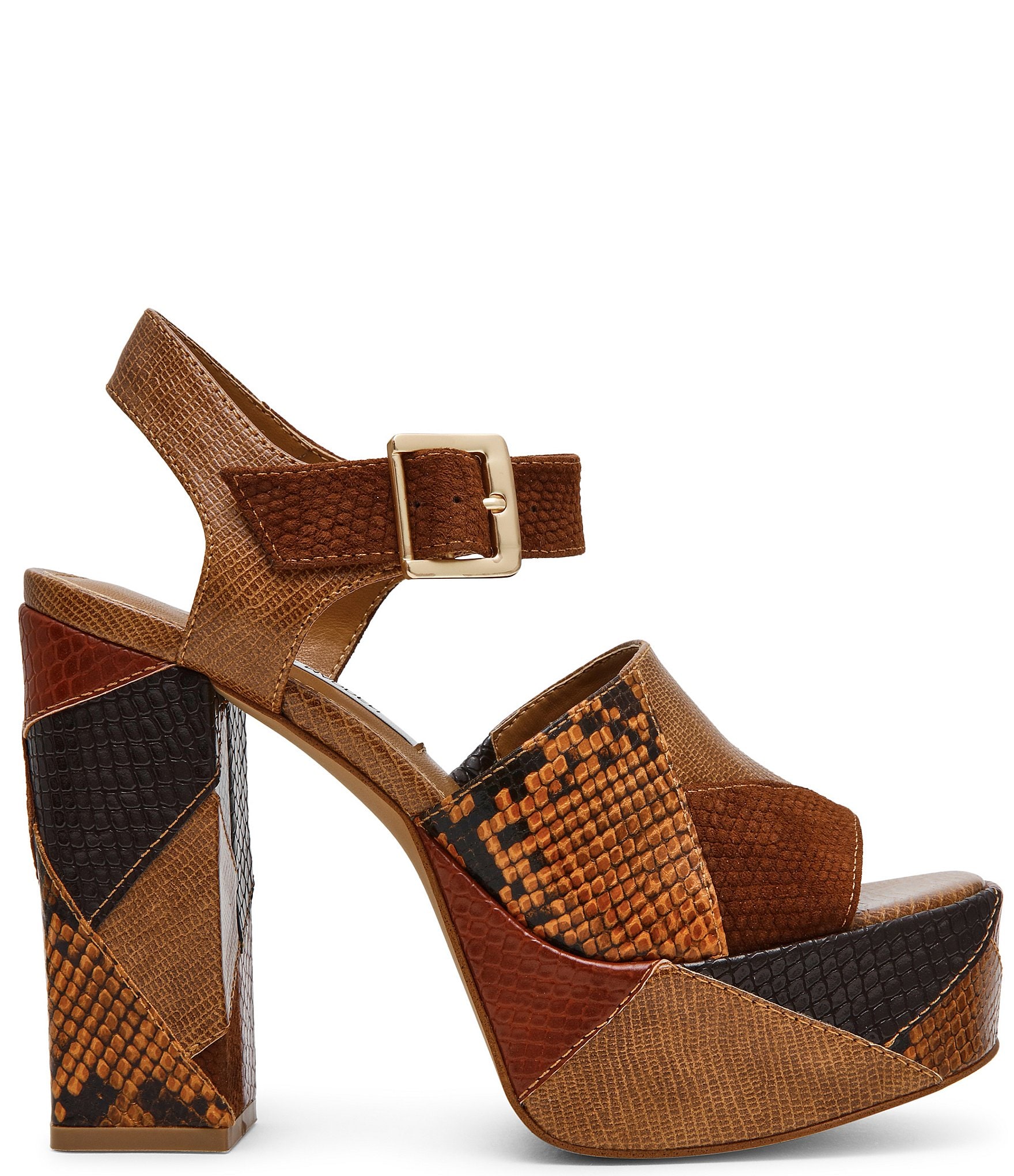 Steve Madden Halea Snake Print Patchwork Block Heel Platform Sandals
