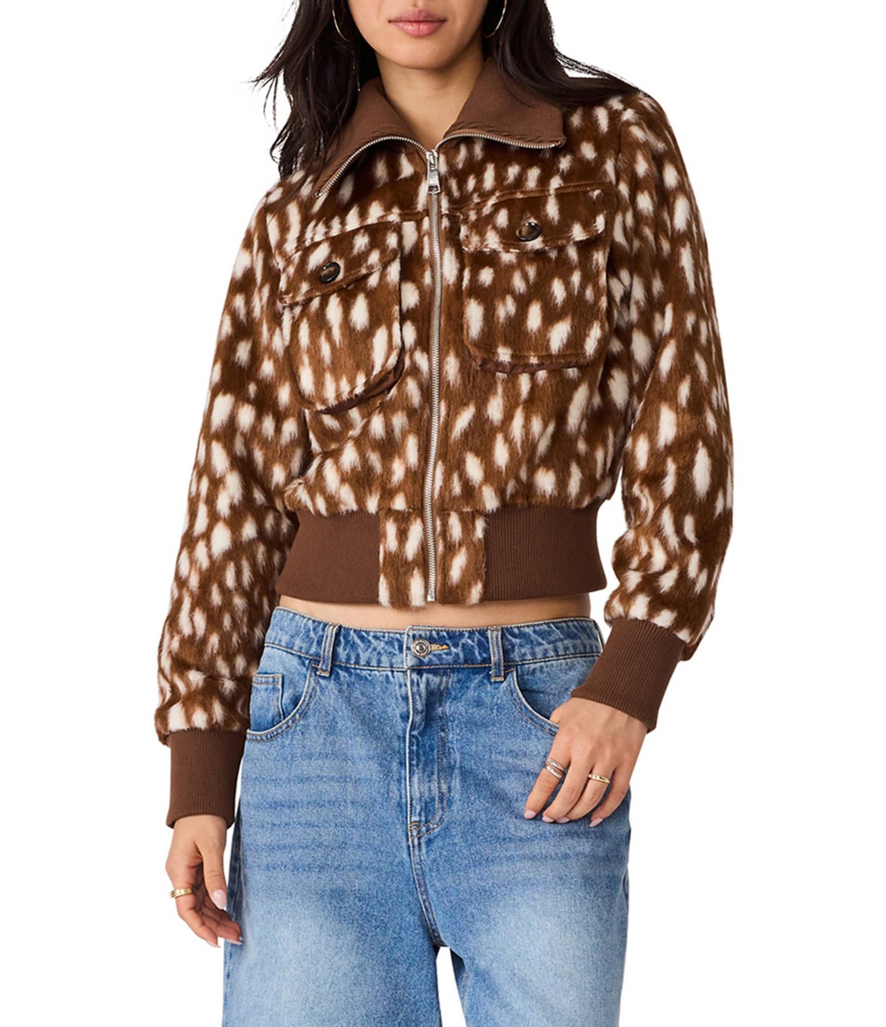 Steve Madden Hunton Country Doe Dot Printed Collared Long Sleeve Faux Fur Jacket