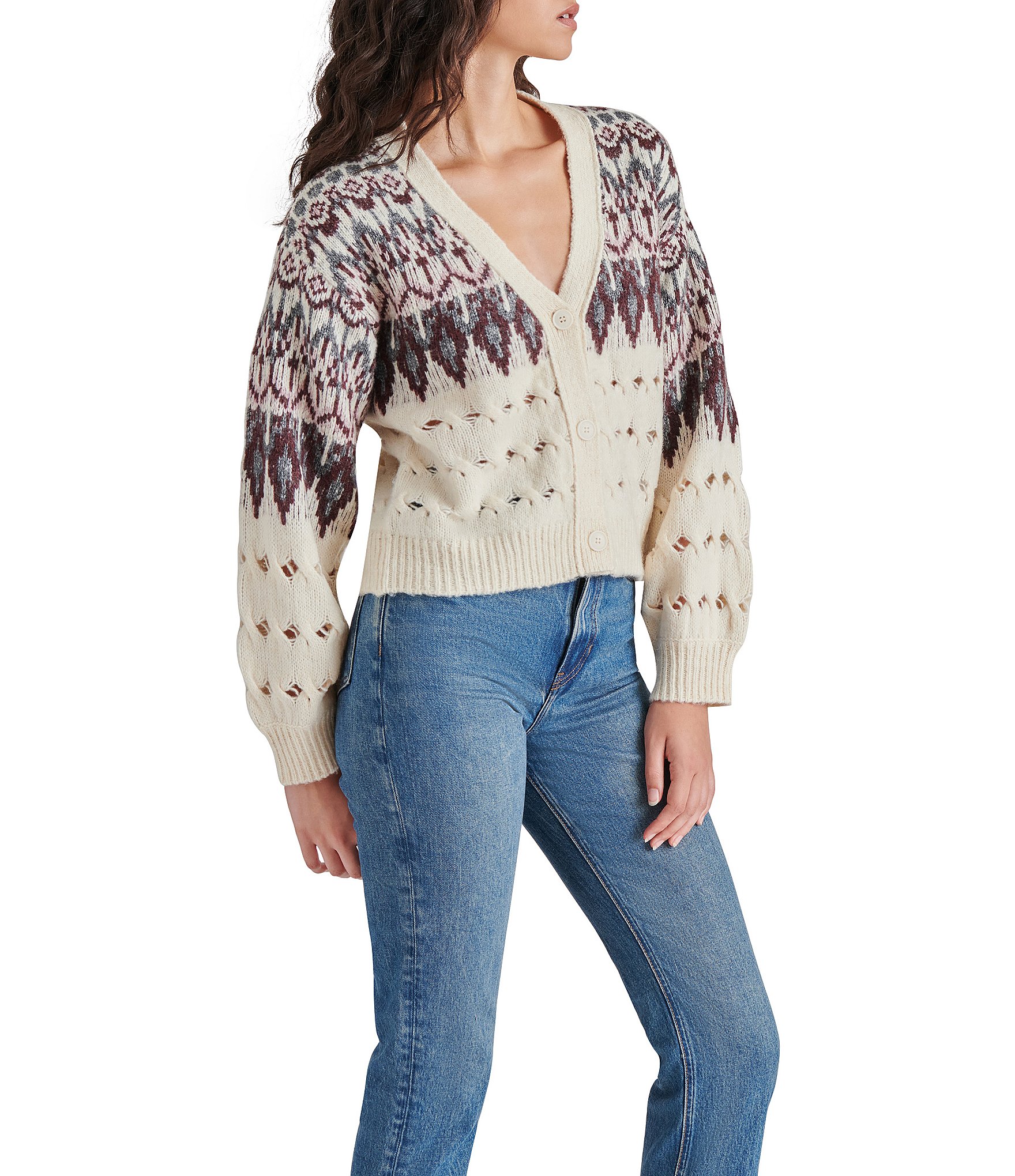 Steve Madden Irisa Cable Knit Fair Isle Print V Neck Long Sleeve Button Front Cardigan