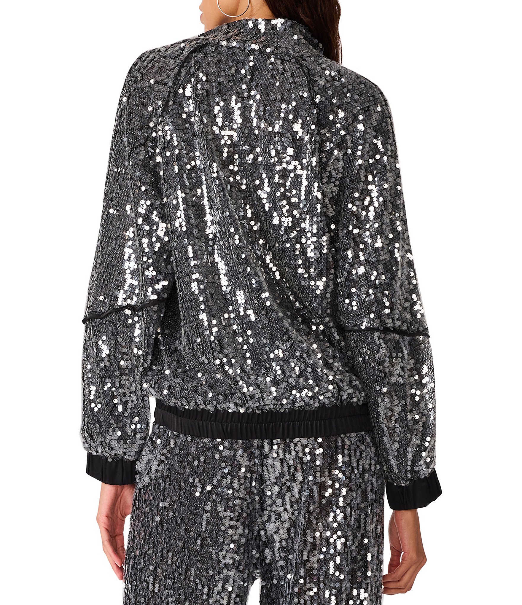 Steve Madden Jacey Sequin Satin Piping High Neck Long Sleeve Zip Front Track Coordinating Jacket