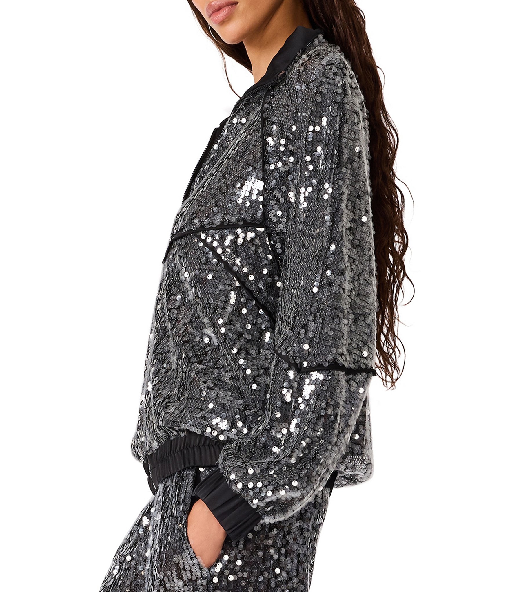 Steve Madden Jacey Sequin Satin Piping High Neck Long Sleeve Zip Front Track Coordinating Jacket