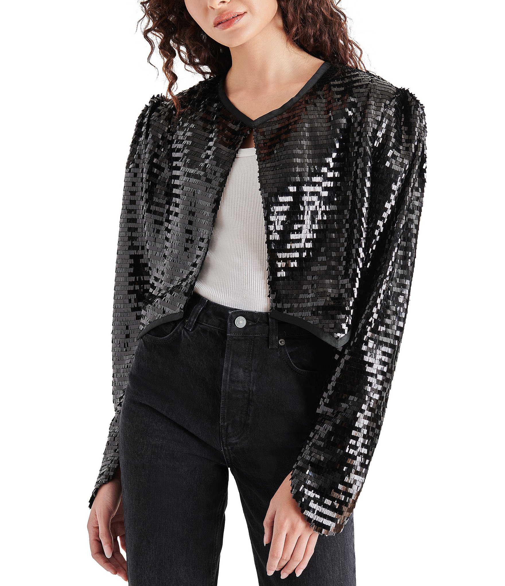 Steve Madden Juliet Piano Sequin Round Neck Long Sleeve Padded Shoulder  Cropped Bolero Jacker