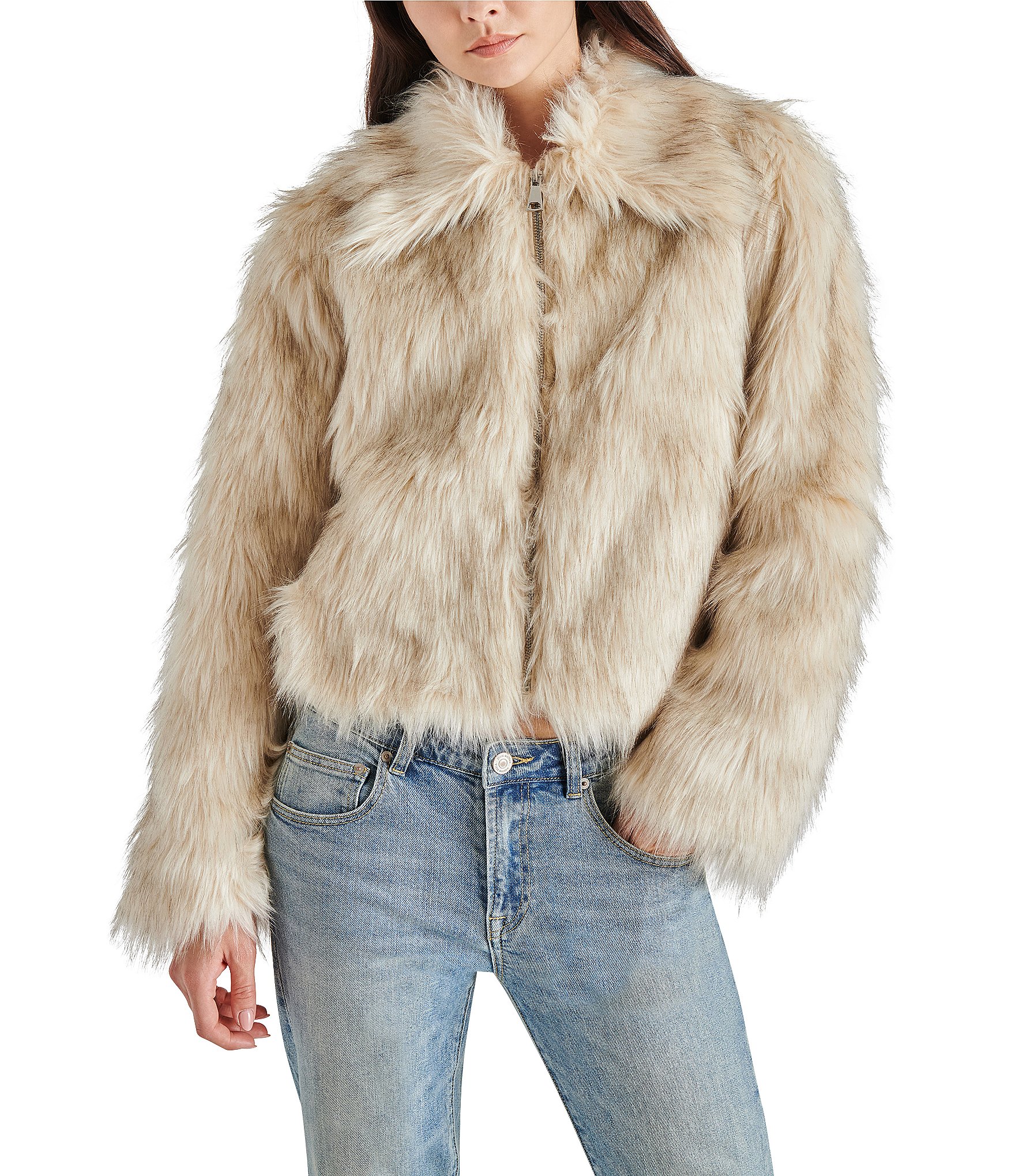 Steve Madden Juniper Faux Fur Collar Neck Long Sleeve Zip Front Cropped  Coat