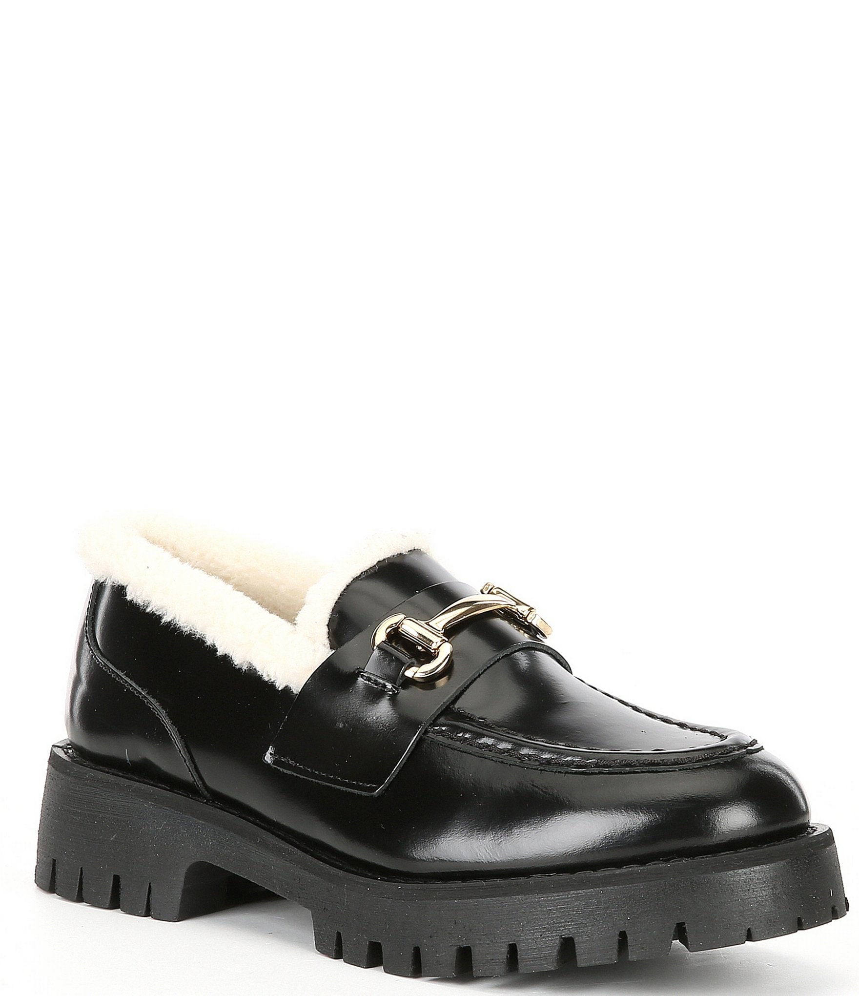 Steve Madden Lando-F Leather Bit Buckle Shearling Platform Loafers ...