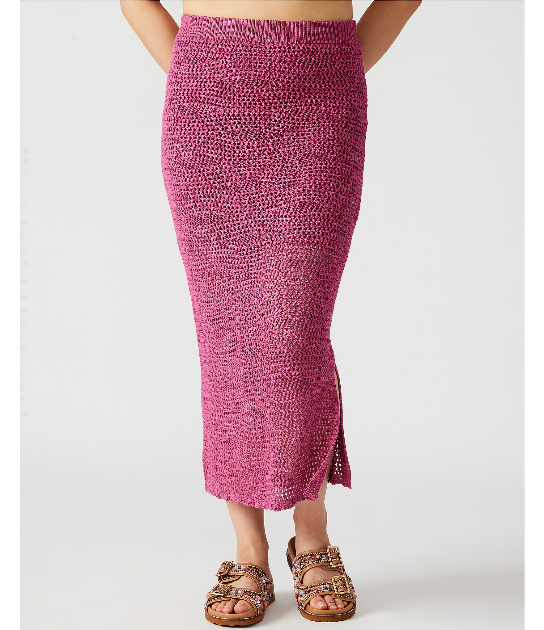 Lucky Brand Elastic Waistband Ruffled Tiered Mesh A-Line Maxi Skirt