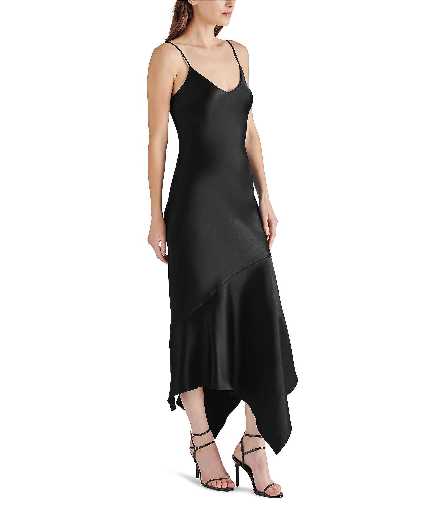 Steve Madden Lucille V-Neck Sleeveless Asymmetrical Hem Satin Midi Dress