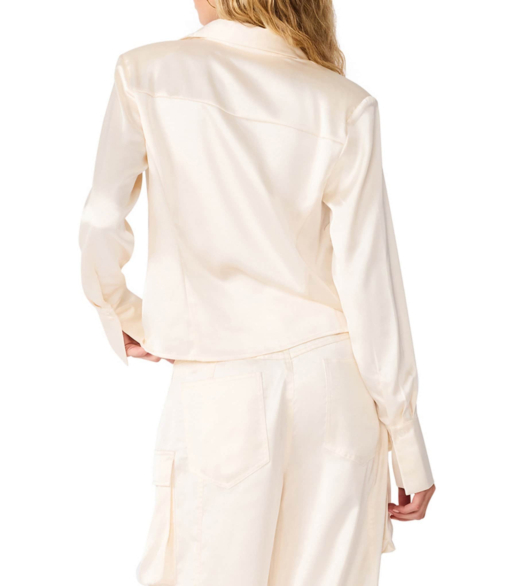 Steve Madden Mare Satin Collared Long Sleeve Button Front Coordinating Top