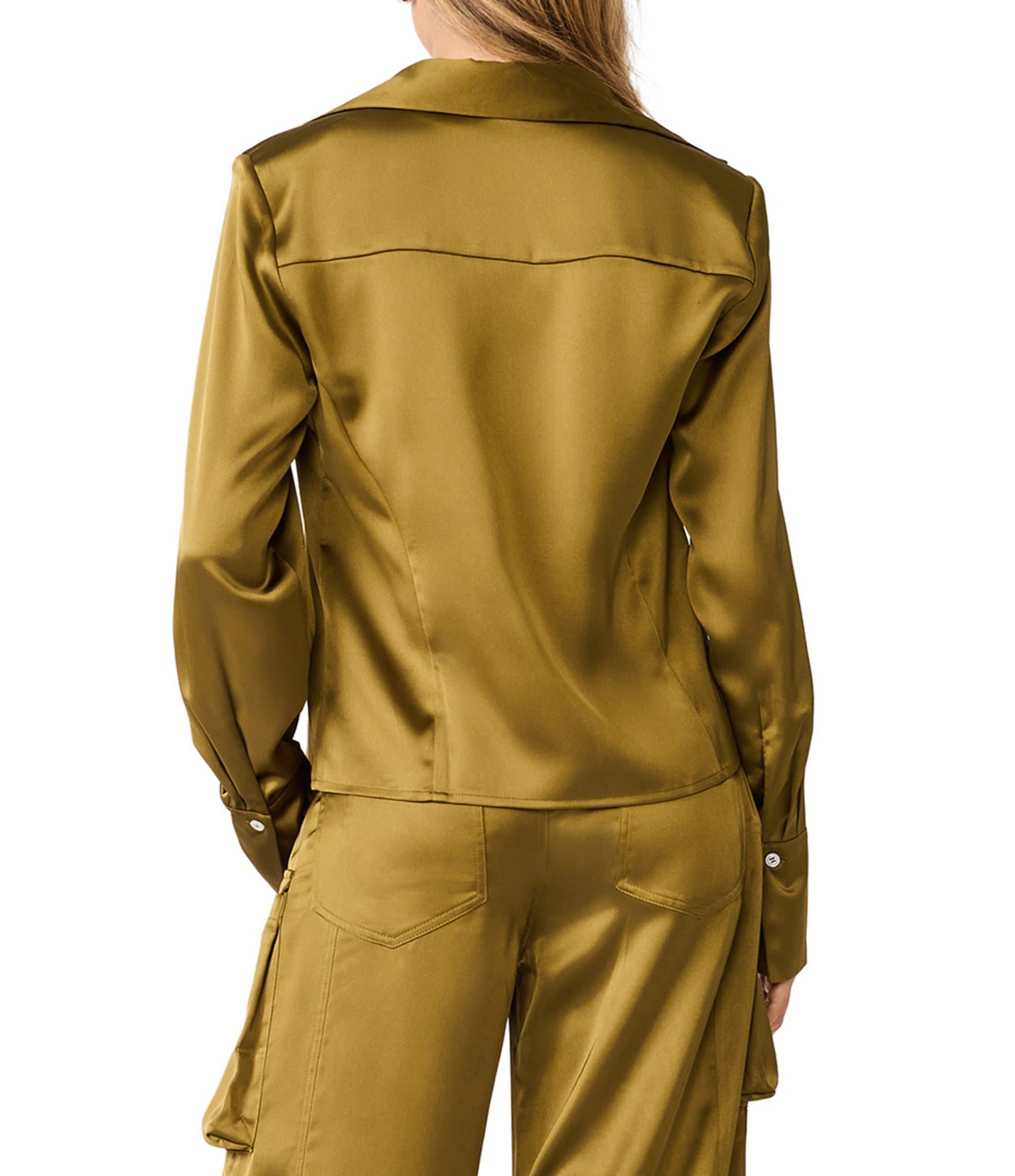 Steve Madden Mare Satin Collared Long Sleeve Button Front Coordinating Top