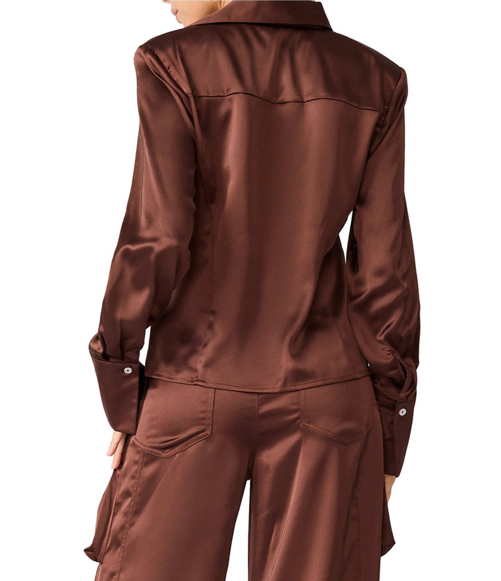 Steve Madden Mare Satin Collared Long Sleeve Button Front Coordinating Top
