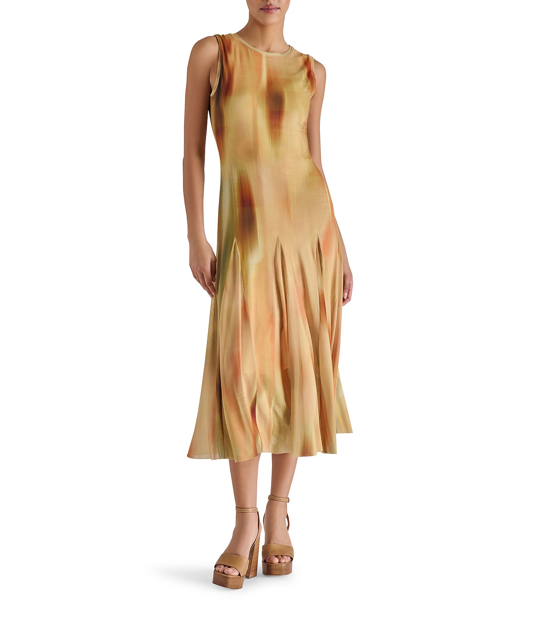 Steve Madden Marenne Printed Mesh Knit Crew Neck Sleeveless Midi Dress