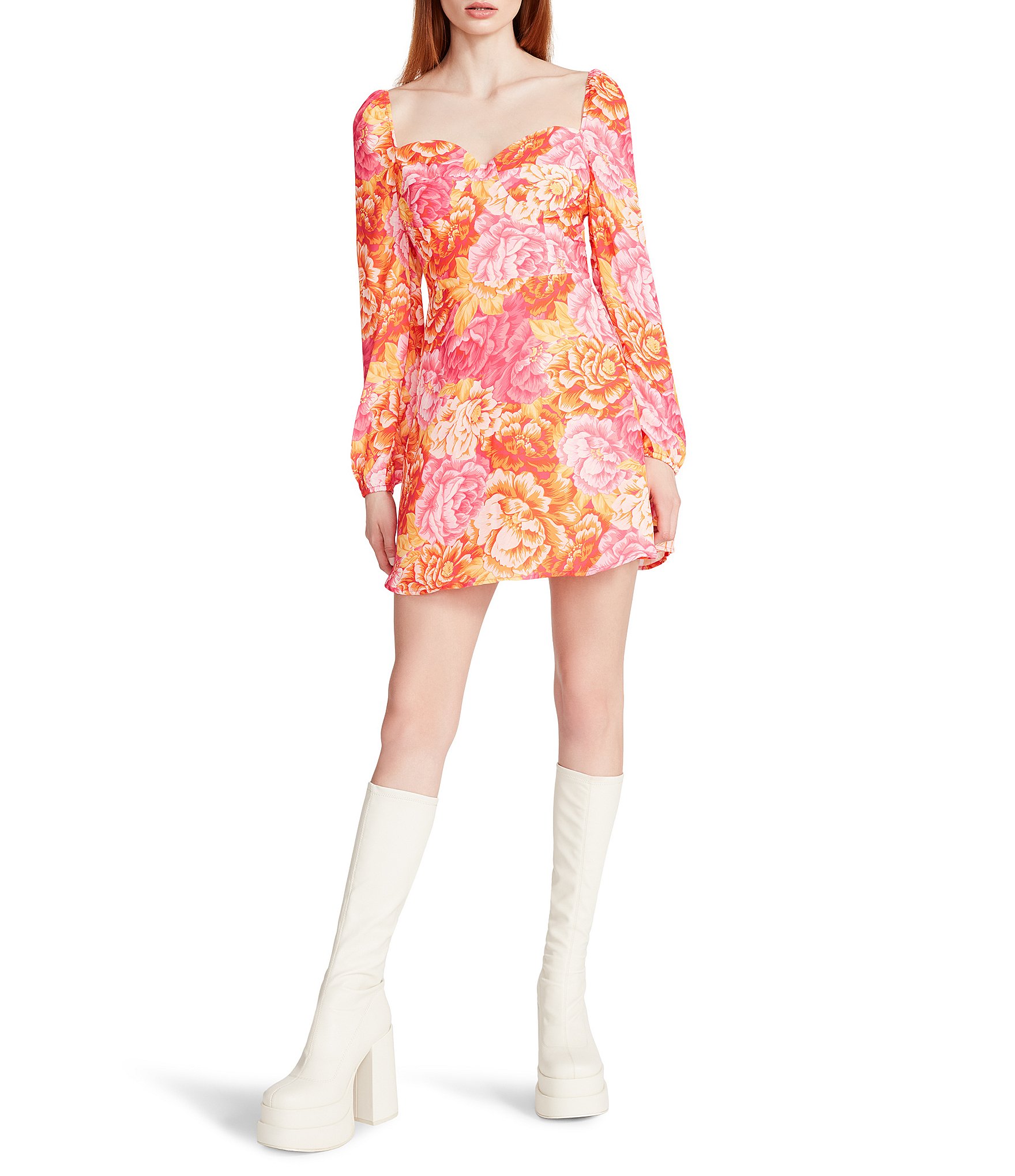 Steve Madden Nicole Floral Print Sweetheart Neck Long Sleeve Mini Dress |  Dillard's