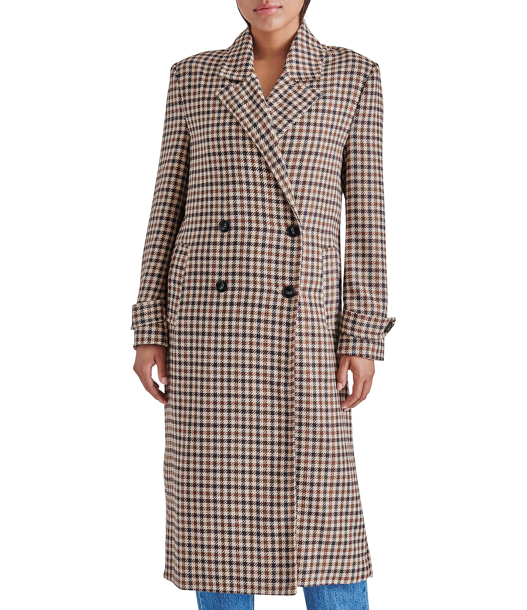 Steve Madden Prince Plaid Print Long Sleeve Double Breasted Trench Coat ...