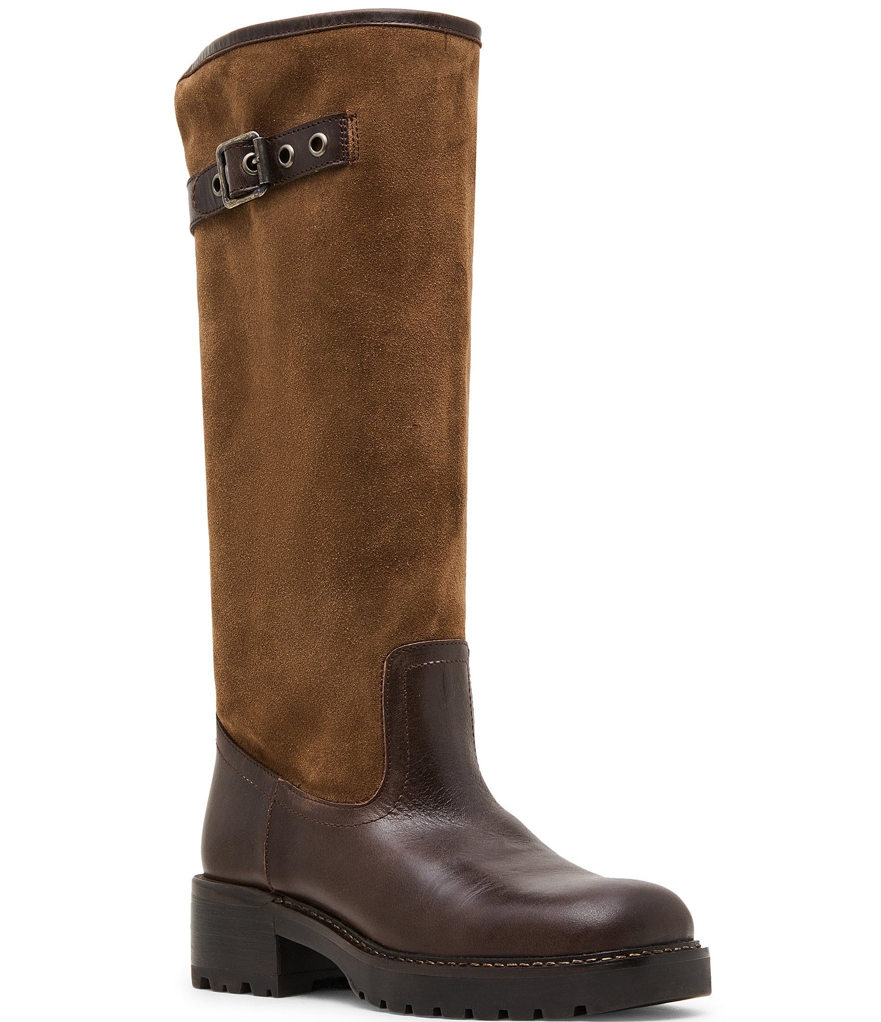 Steve Madden Ramble Leather and Suede Square Toe Riding Boots