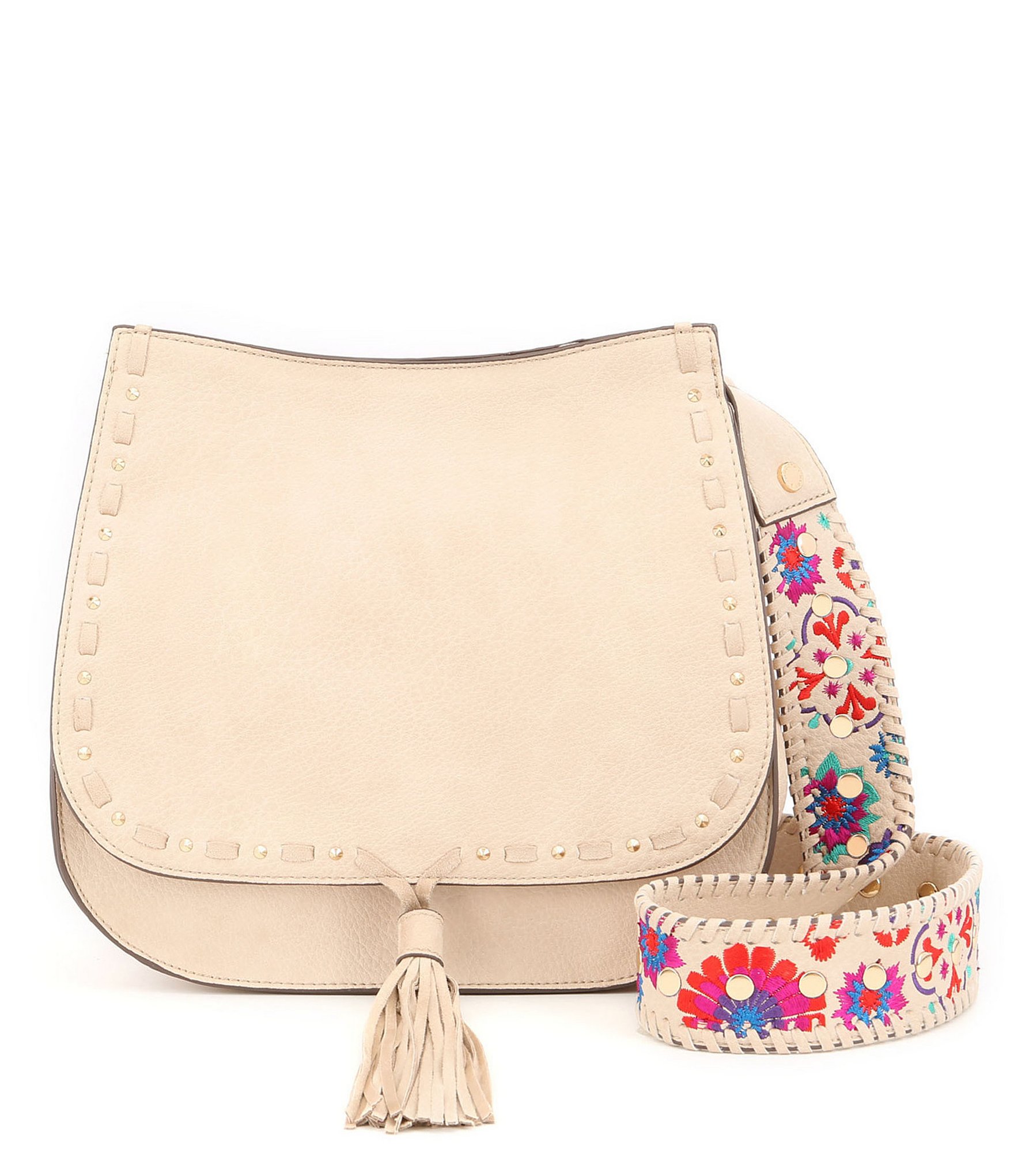 Steve Madden Selena Tasseled Saddle Bag with Floral-Embroidered Strap ...