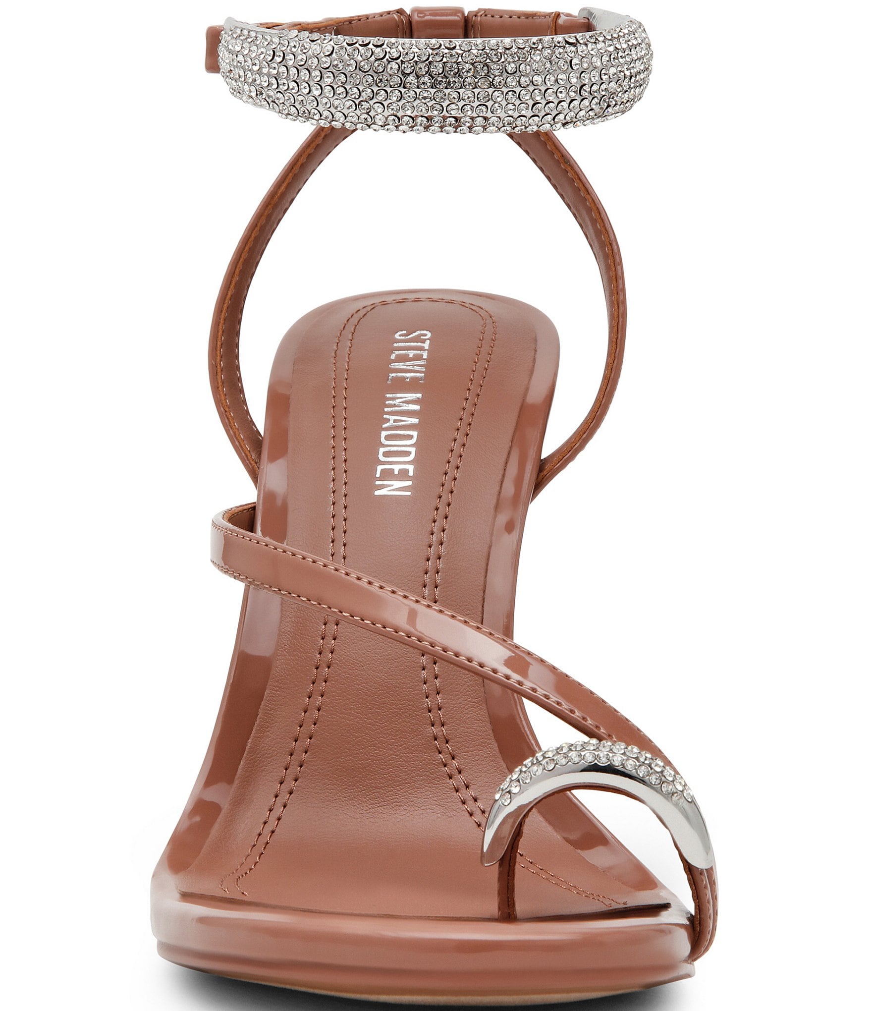 Steve Madden Tia Patent Rhinestone Ankle Strap Toe Loop Hardware Dress Sandals