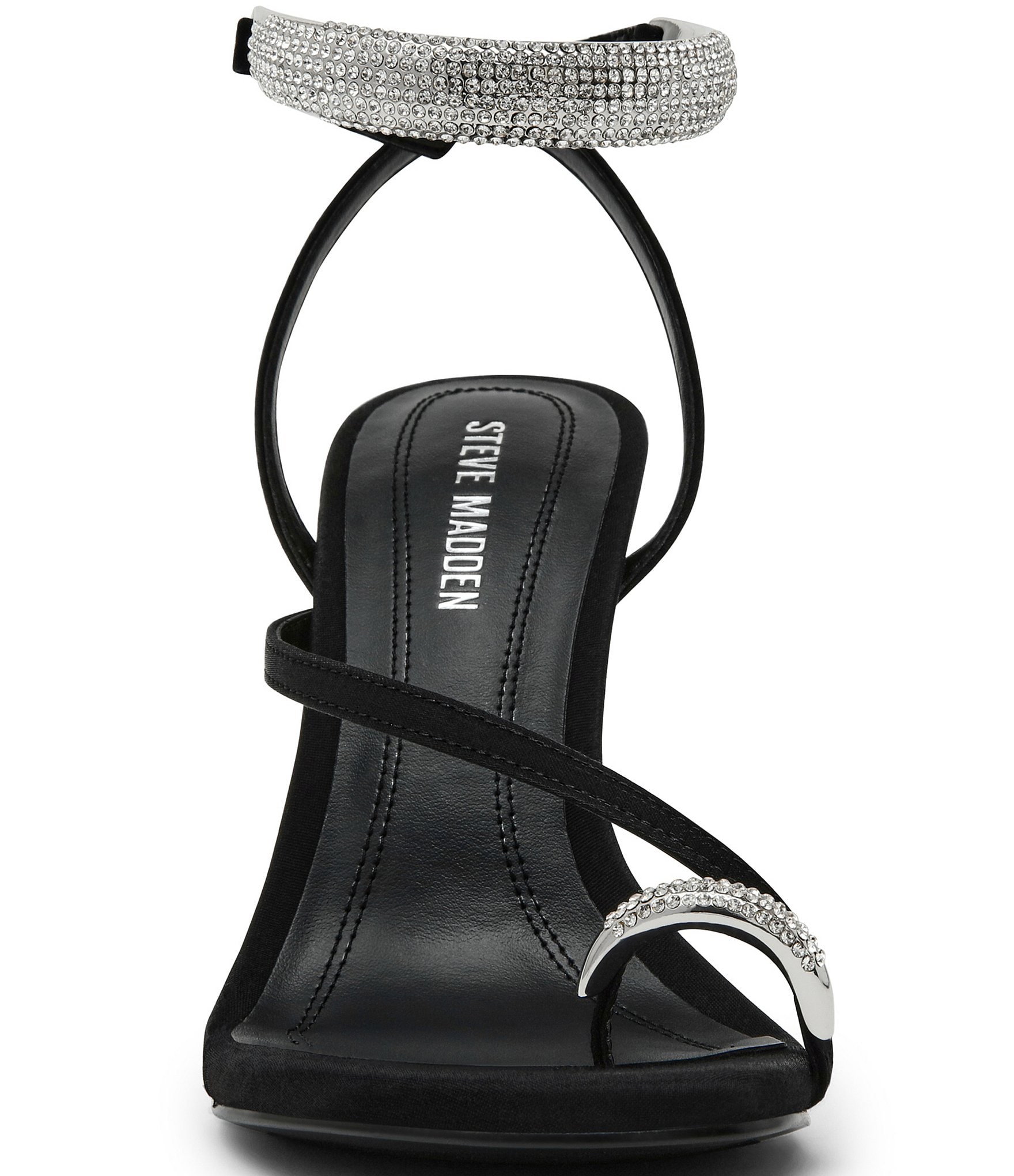 Steve Madden Tia Satin Rhinestone Hardware Ankle Strap Toe Loop Dress Sandals